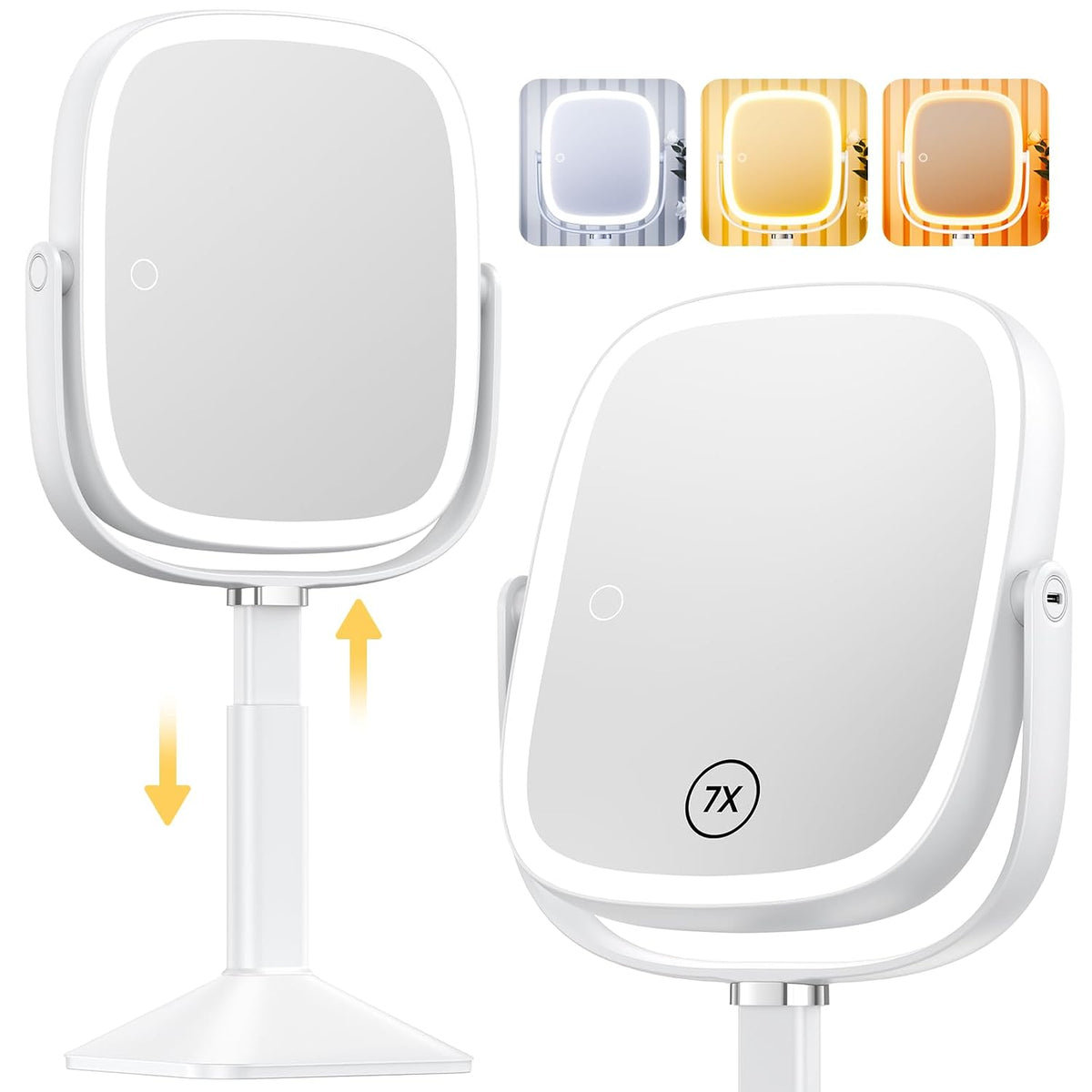 Gospire Rectangle Lighted Makeup Mirror with Lights 1X/7X Magnifying Mirror | Height Adjustable, 4000mAh Rechargeable for Bedroom, 8.5”x7.4” Large Surface, Stepless Dimming - White