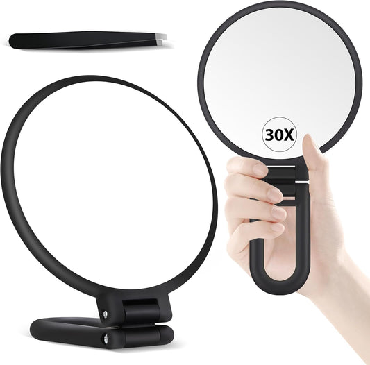 30X Magnifying Mirror, Hand Mirror with Handle, Double Sided Hand Mirror with 30X/1X Magnification, Travel Essential Portable Foldable Makeup Mirror for Precision Makeup Black