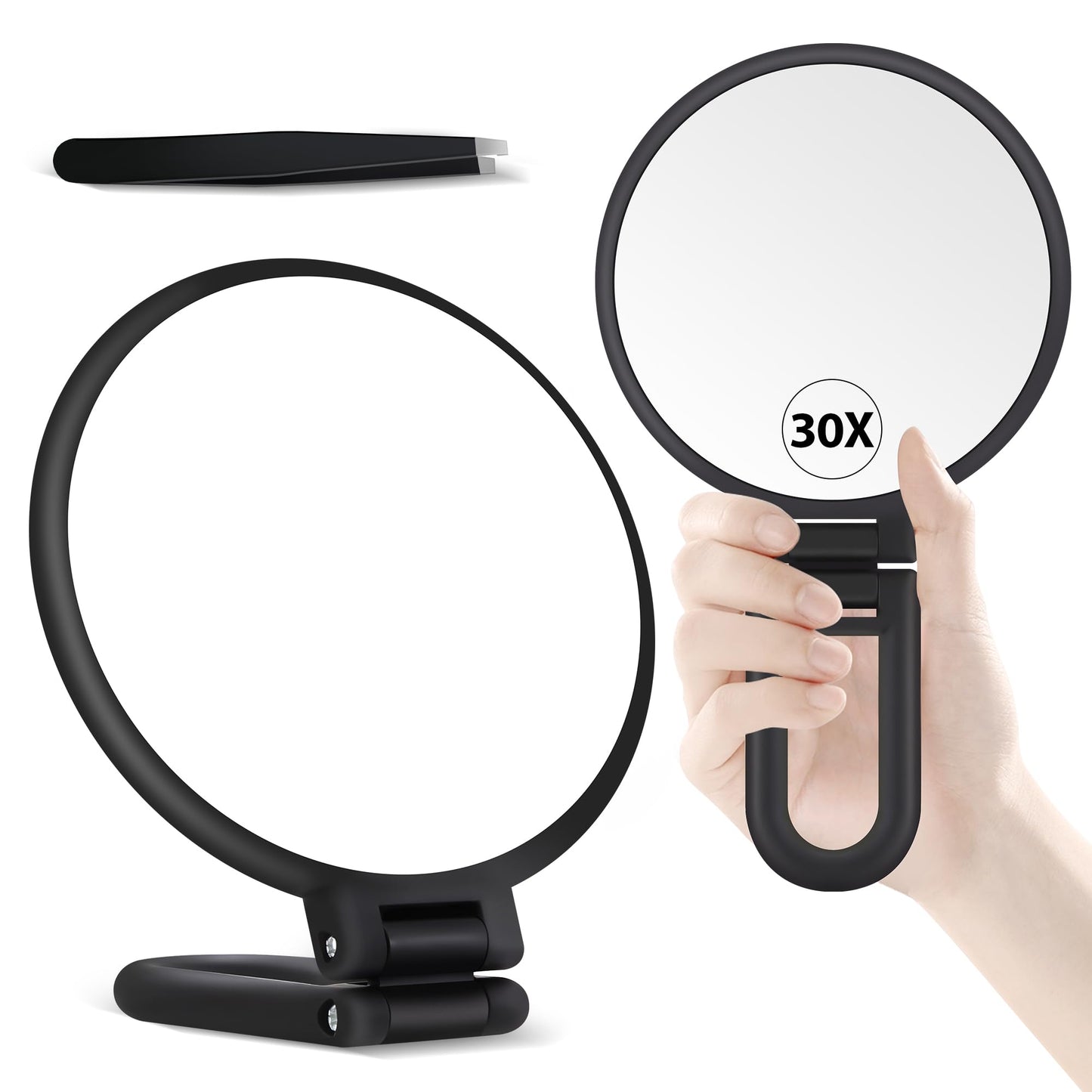 30X Magnifying Mirror, Hand Mirror with Handle, Double Sided Hand Mirror with 30X/1X Magnification, Travel Essential Portable Foldable Makeup Mirror for Precision Makeup Black