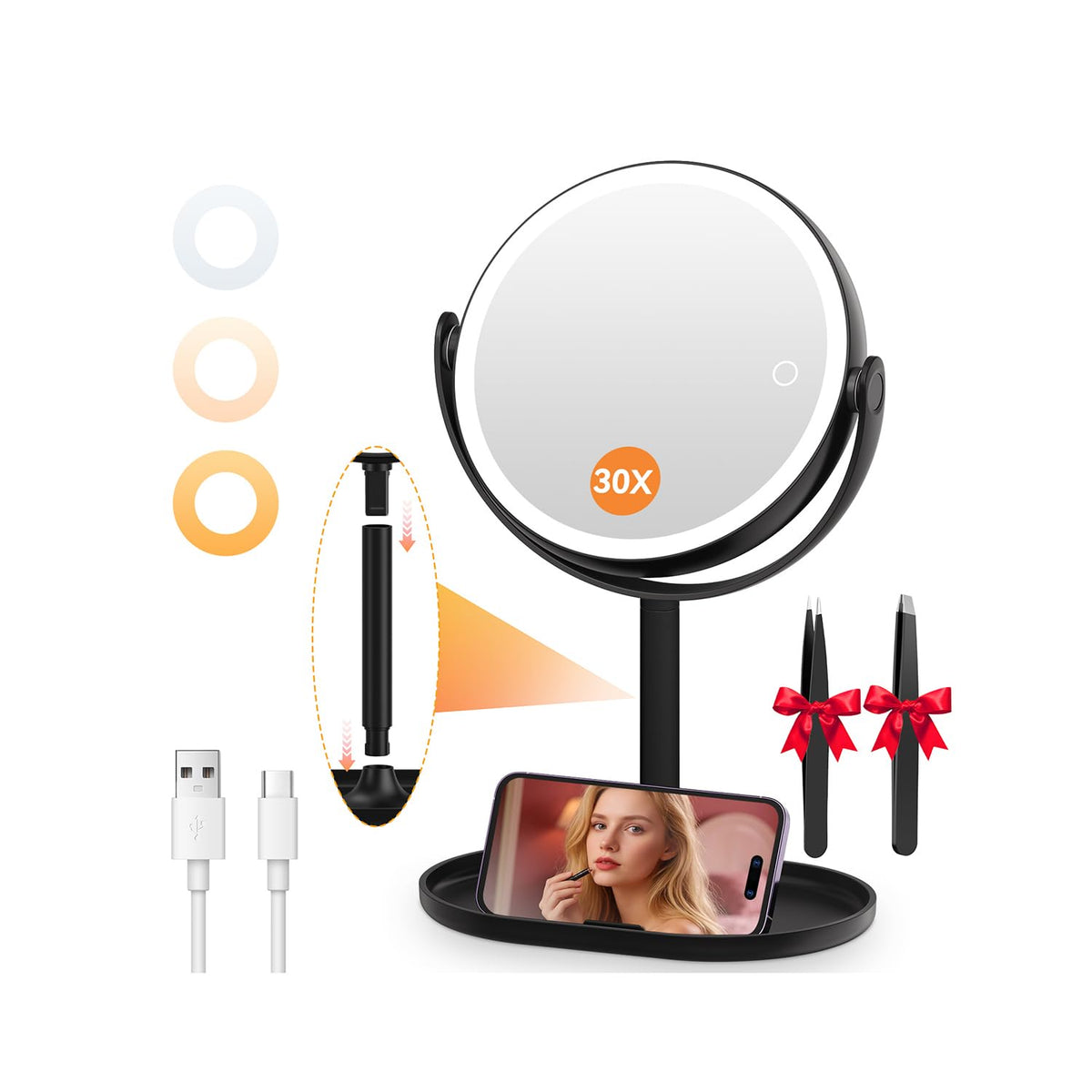 Auxmir 30X/1X Detachable Makeup Mirror with Lights, 3-Color Dimmable Lights | 64 LEDs, 3-Color Dimmable, Dual-Side Touch Control, 360° Rotation, 2000mAh Rechargeable, Detachable Design for Travel