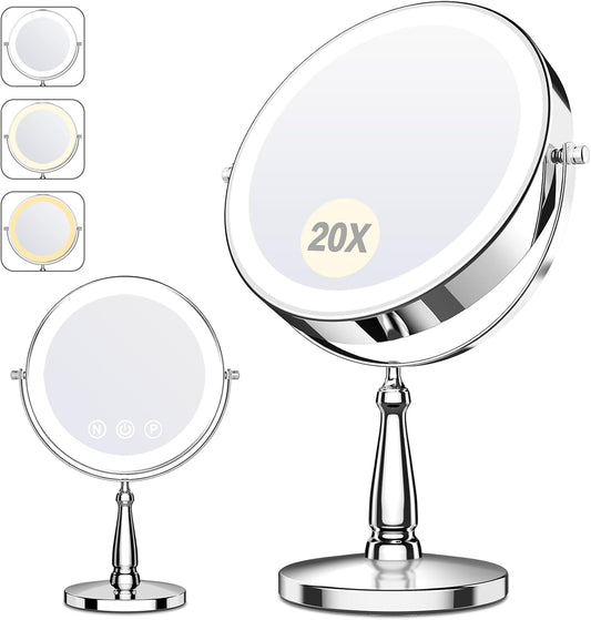 Makeup Mirror with Lights, 20X Magnifying Mirror with Light for Women, 5000 mAh Vanity Mirror with Lights and 3 Colors, 2-Sided Lighted Magnified Mirrors for Delicate Makeup, 9 Inch