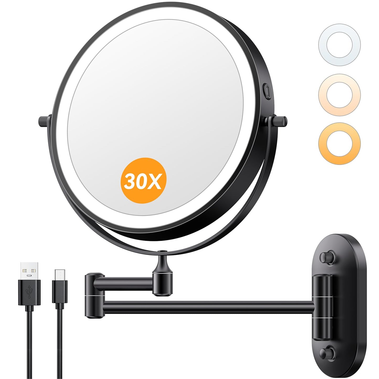 Auxmir 1X/30X Wall Mounted Makeup Mirror, 8" Rechargeable Magnifying Mirror | double-sided button, 3200mAh, 3 dimmable colors, 360° rotation, extended arm, 30X magnification, bathroom, nickel