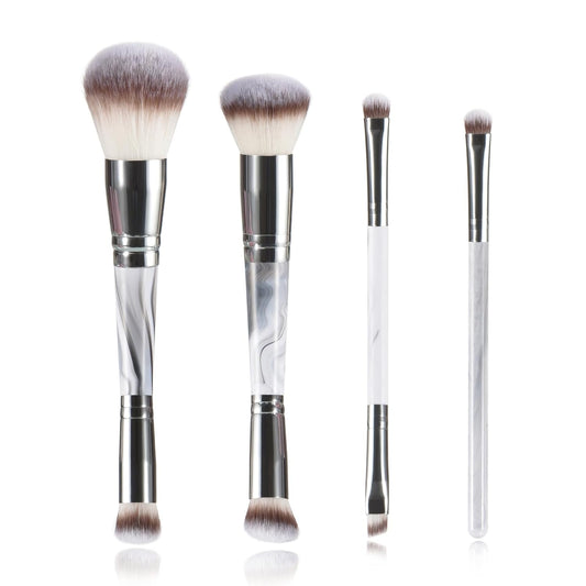 4PCS Gray Dual-Ended Makeup Brushes Set, Professional Powder Blush Concealer Eyeshadow Kabuki Foundation Brush Kit, with Travel Pouch, Soft Vegan Synthetic Bristles