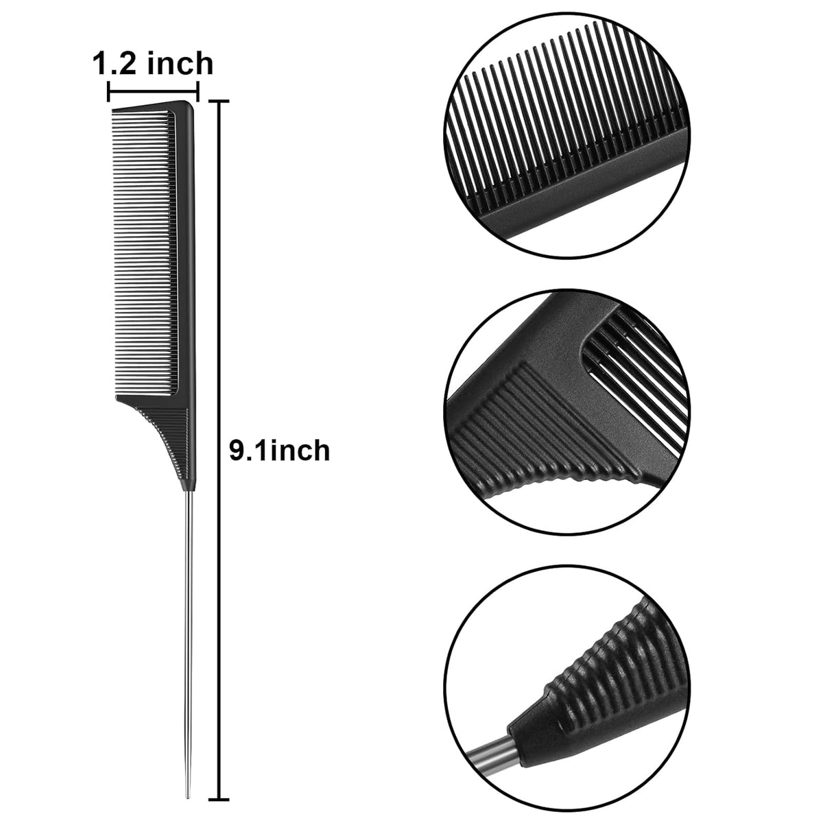 Leinuosen 3 Pack Rat Tail Comb Carbon Fiber,Black | Steel Pin Tail for Sectioning, Heat Resistant Teasing, Pick Comb for Women Wig Styling, Fishtail Design for Salon Updos
