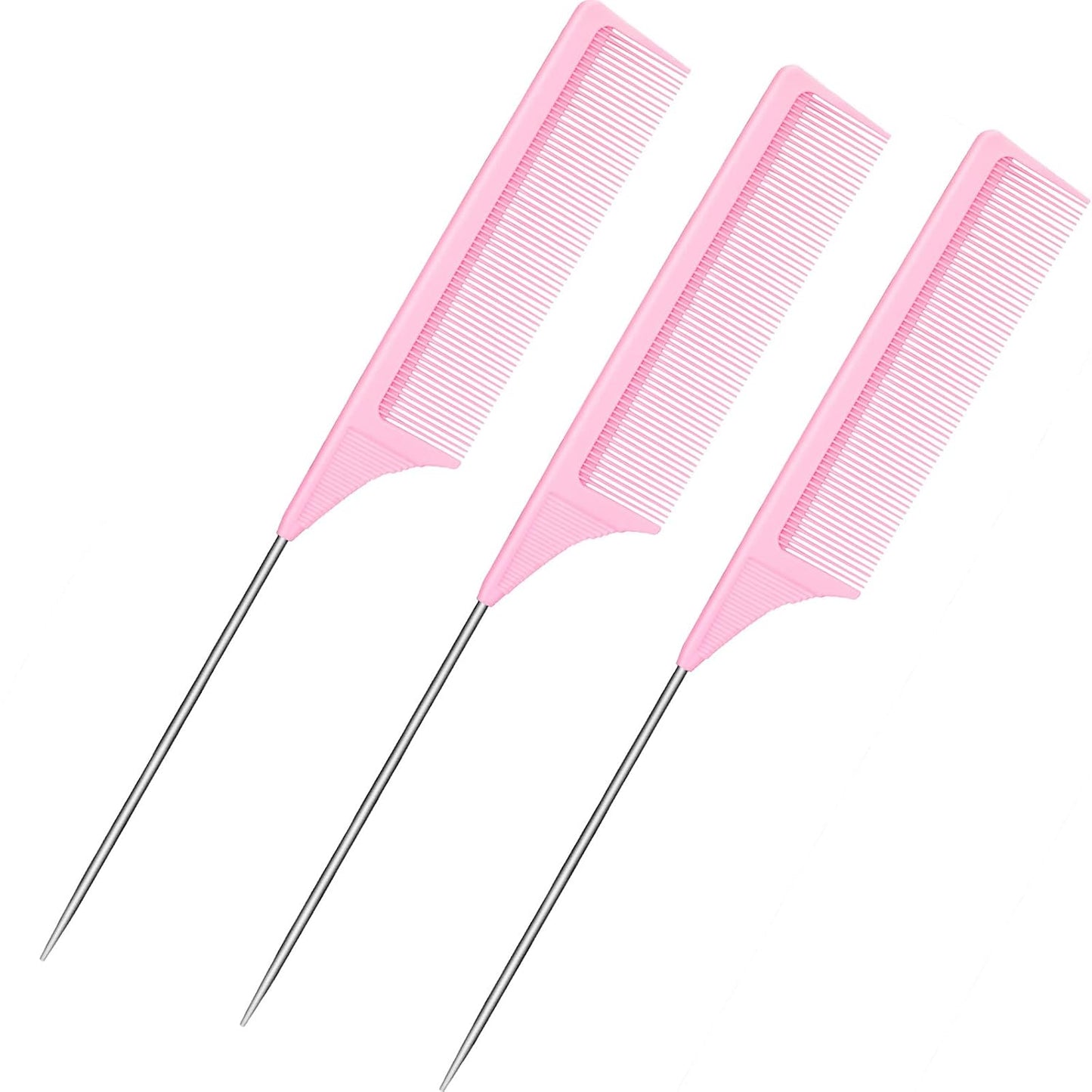 Leinuosen 3 Pack 9 Inch Rat Tail Comb with Metal Pick, Carbon Fiber,Pink | Heat Resistant Styling, Lightweight Sectioning, Fine Tooth for Precise Parting, Teasing Tool for Wigs and Women Haircare