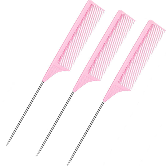 Leinuosen 3 Pack 9 Inch Rat Tail Comb with Metal Pick, Carbon Fiber,Pink | Heat Resistant Styling, Lightweight Sectioning, Fine Tooth for Precise Parting, Teasing Tool for Wigs and Women Haircare