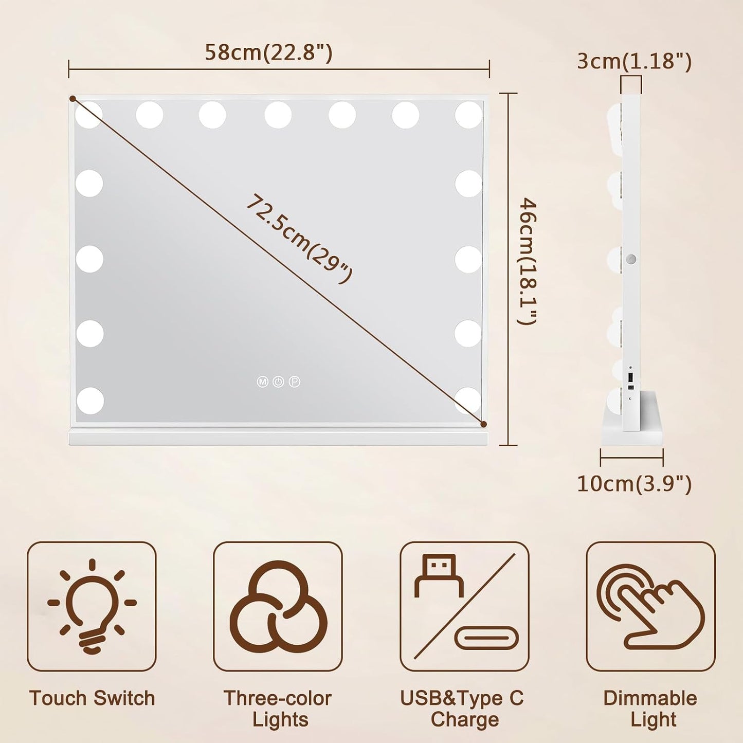 FENCHILIN Vanity Mirror with Lights, Hollywood Lighted Makeup Mirror with 15 Dimmable LED Bulbs for Dressing Room & Bedroom, Slim Metal Frame Design, Tabletop White