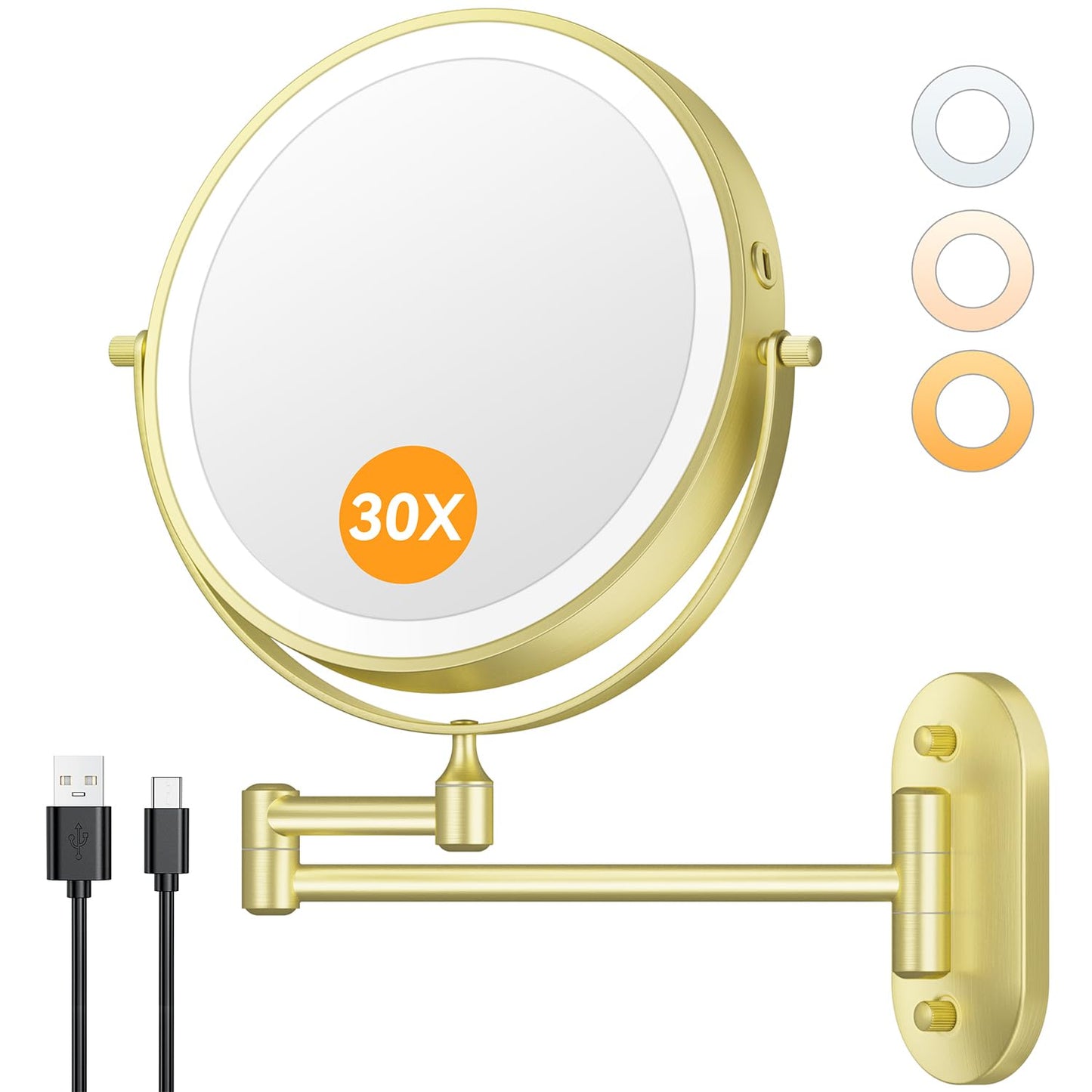 Auxmir 1X/30X Wall Mounted Makeup Mirror, 8" Rechargeable Magnifying Mirror | double-sided button, 3200mAh, 3 dimmable colors, 360° rotation, extended arm, 30X magnification, bathroom, nickel