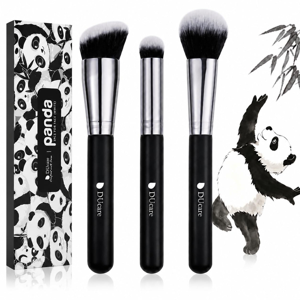 DUcare 3 Pcs Foundation Contour Blush Conceal Brush Set, Angled Synthetic Kabuki Brush for Blending Setting Buffing with Liquid, Cream and Powder Cosmetic(Black)