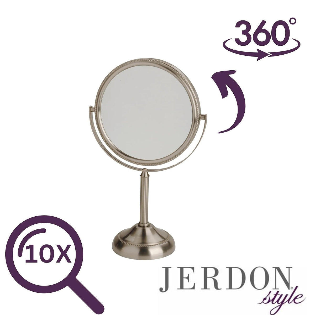 JERDON 6" Tabletop Makeup Mirror - 10X Magnification - Nickel - JP910NB | Two-Sided Swivel Design, 11" Tall, Portable