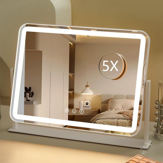 HIEEY Vanity Mirror with Lights, 13.5" x 17.4" Makeup Mirror with Lights, Three Color Lighting Modes, and 5X Magnification Mirror, Smart Touch Control, 360°Rotation (White,Gift Box)