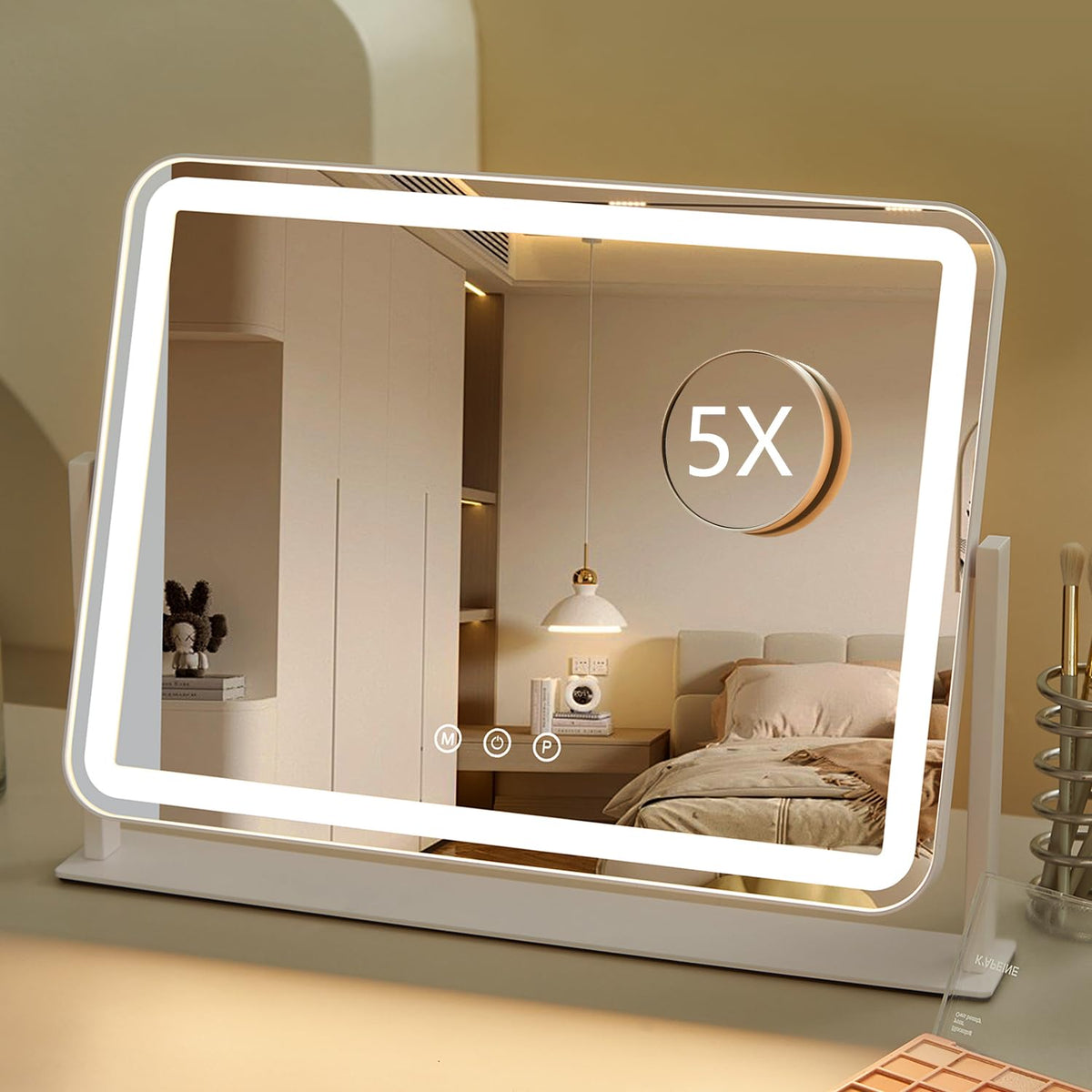 HIEEY Vanity Mirror with Lights, 13.5" x 17.4" Makeup Mirror with Lights, Three Color Lighting Modes, and 5X Magnification Mirror, Smart Touch Control, 360°Rotation (White,Gift Box)
