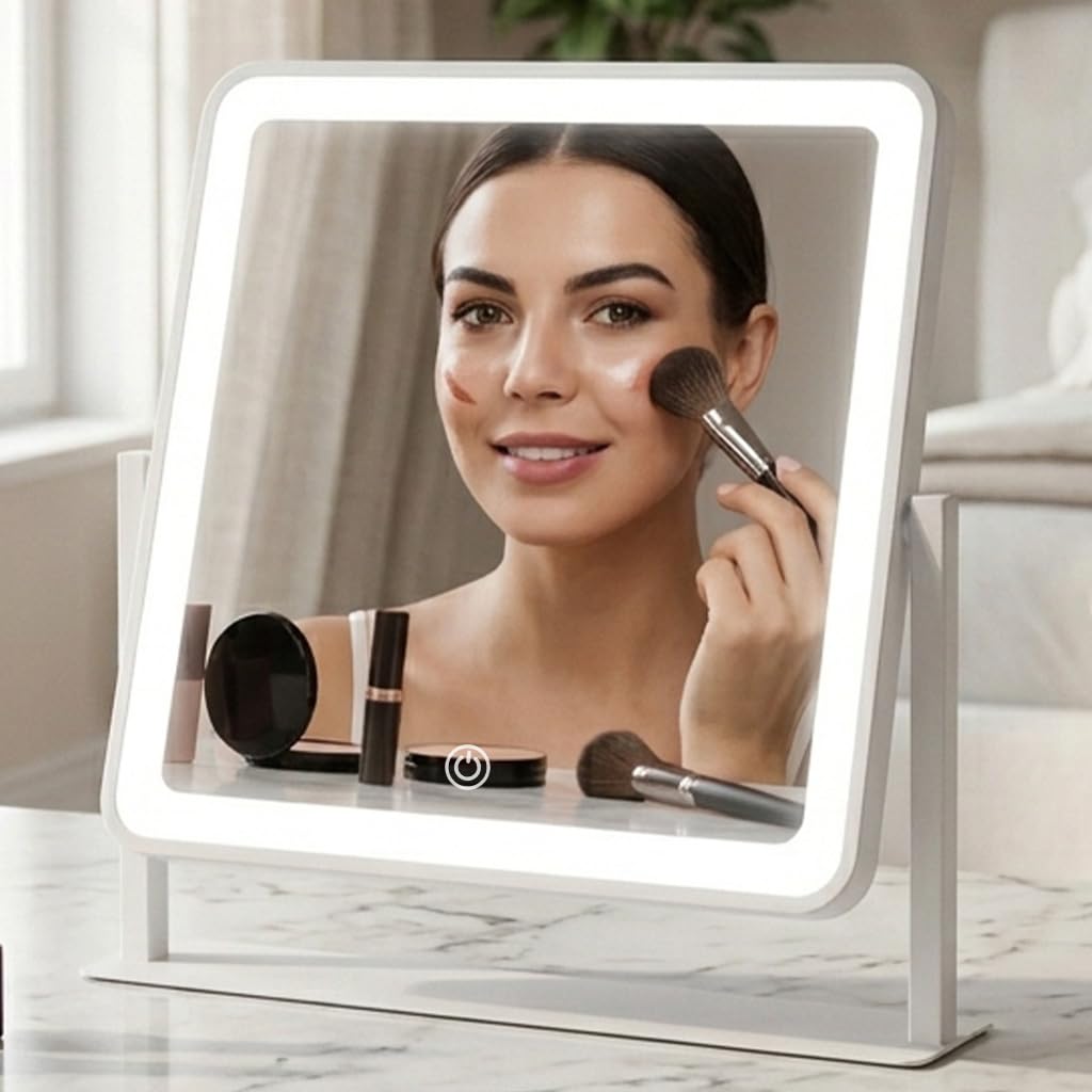 12" x 14" Vanity Mirror with Light, Lighted Makeup Mirror | 3 Color Lighting and Stepless Dimming, Plug-in Required, Memory, Easy Installion, Smart Touch, White