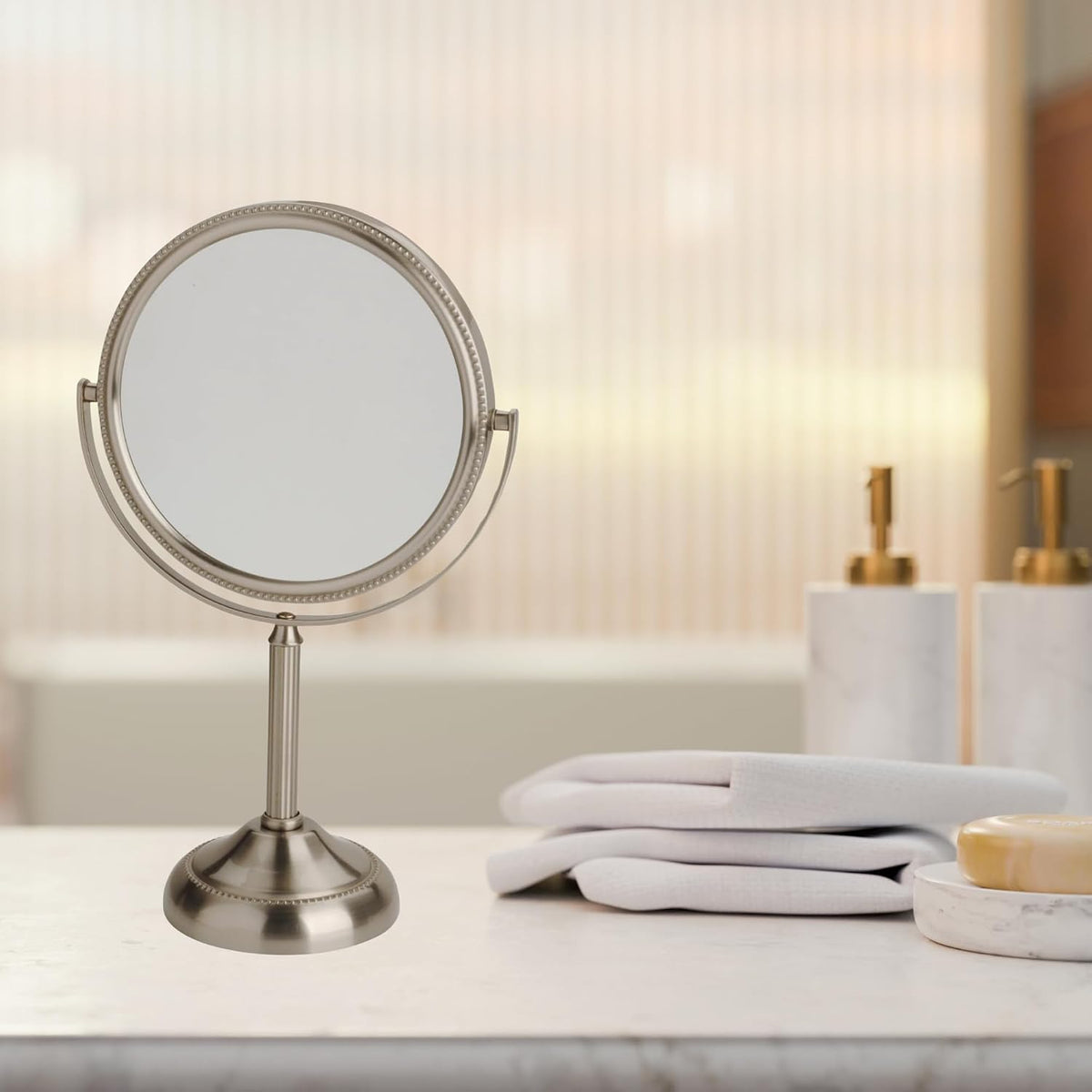JERDON 6" Tabletop Makeup Mirror - 10X Magnification - Nickel - JP910NB | Two-Sided Swivel Design, 11" Tall, Portable
