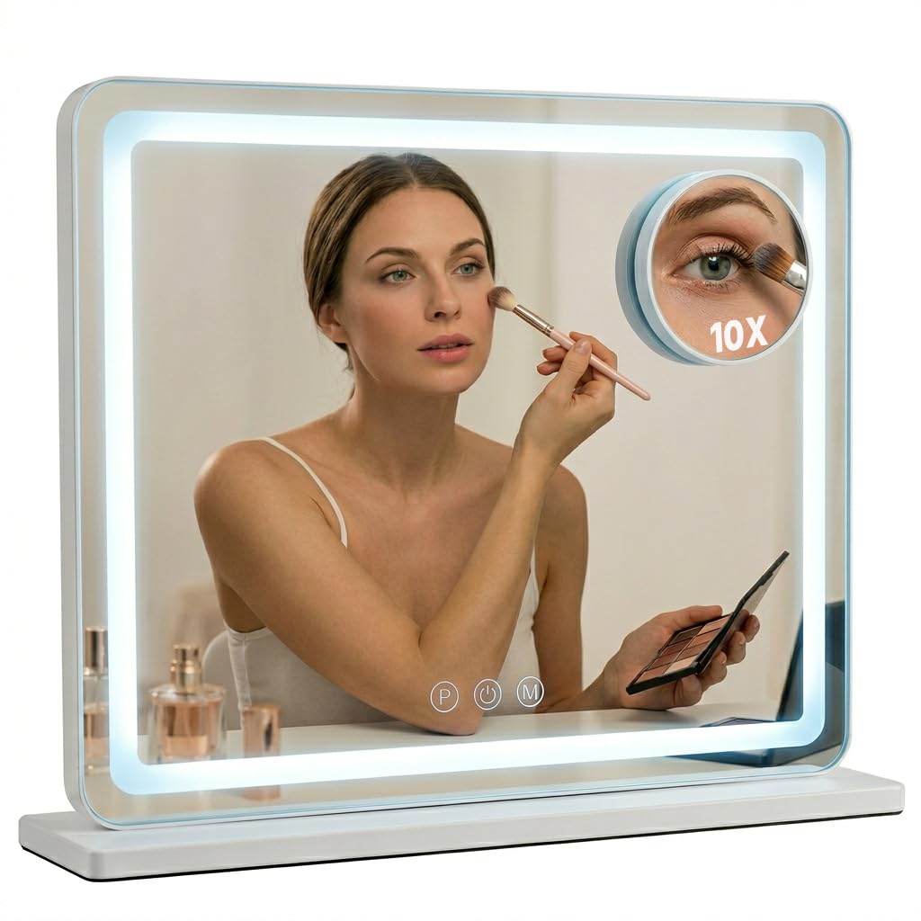 12" x 14" Vanity Mirror with Light, Lighted Makeup Mirror | 3 Color Lighting and Stepless Dimming, Plug-in Required, Memory, Easy Installion, Smart Touch, White