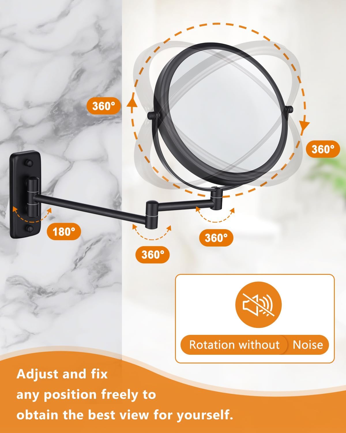Wall Mounted Makeup Mirror - 1X/10X Magnifying Mirror for Wall, 8 Inch Double Sided 360° Swivel Extendable Bathroom Mirror for Shaving, Black