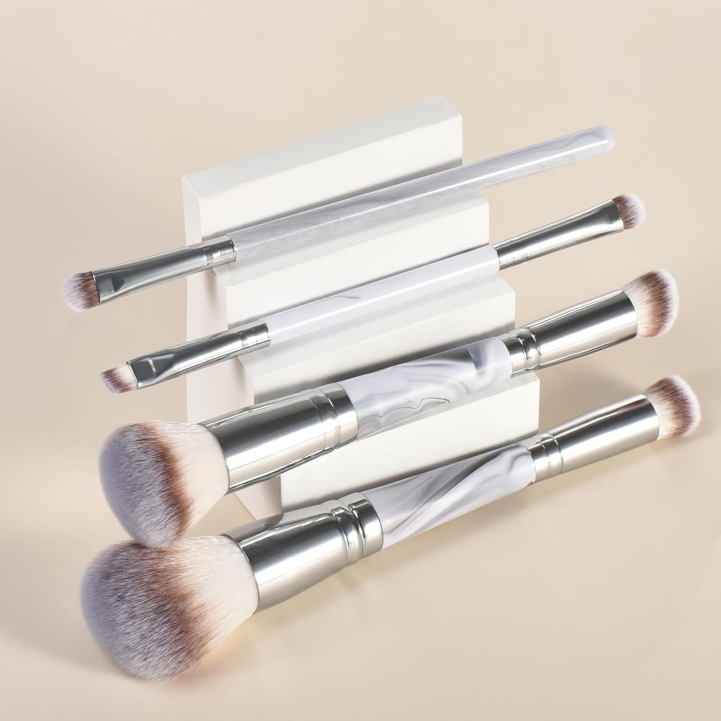 4PCS Gray Dual-Ended Makeup Brushes Set, Professional Powder Blush Concealer Eyeshadow Kabuki Foundation Brush Kit, with Travel Pouch, Soft Vegan Synthetic Bristles