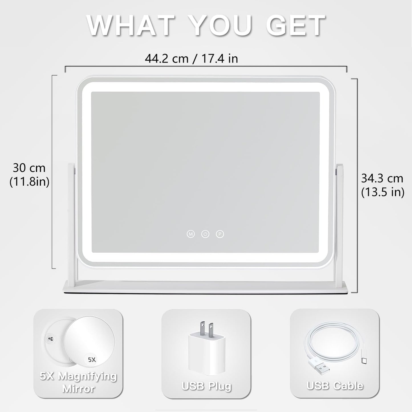 HIEEY Vanity Mirror with Lights, 13.5" x 17.4" Makeup Mirror with Lights, Three Color Lighting Modes, and 5X Magnification Mirror, Smart Touch Control, 360°Rotation (White,Gift Box)
