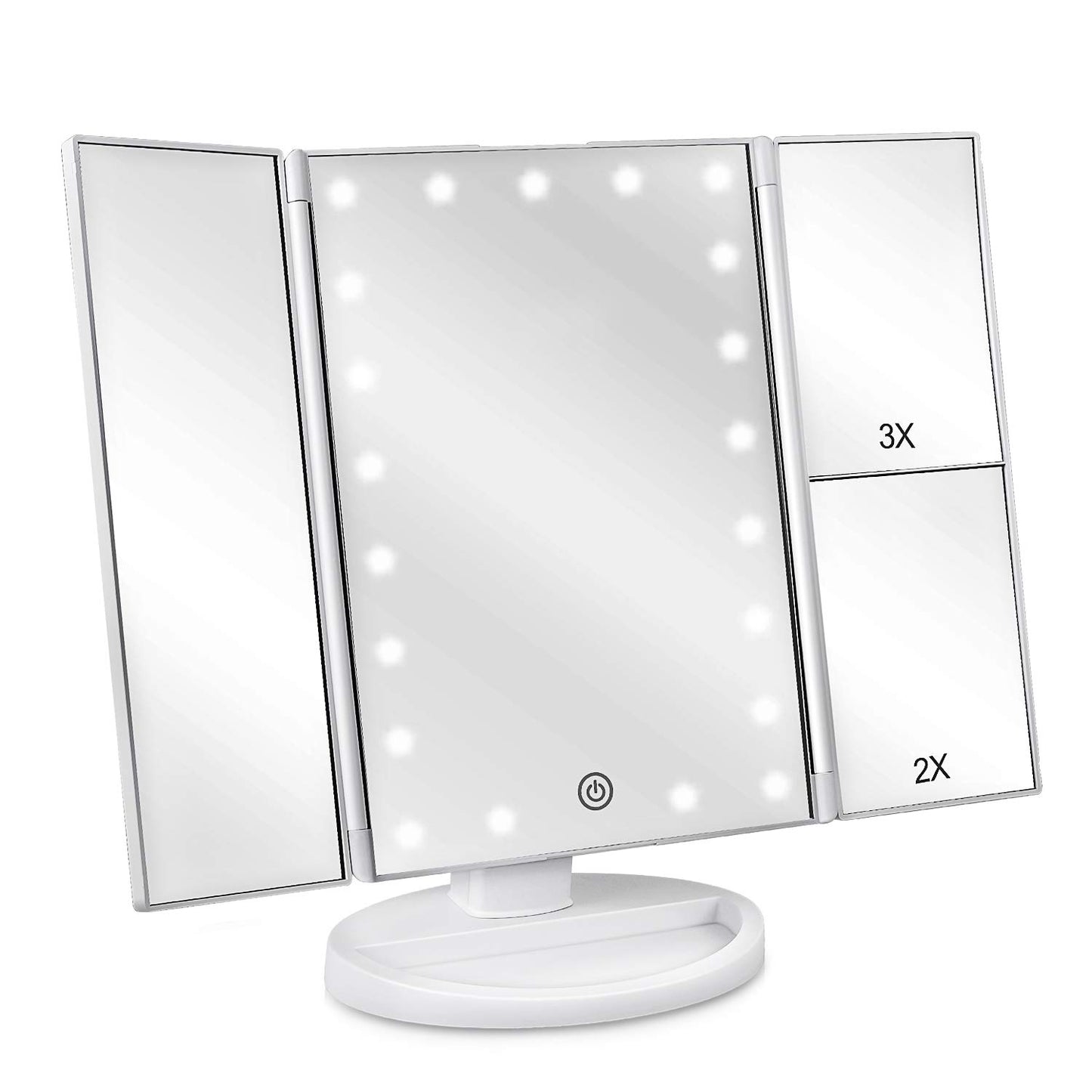 Floor Mount Tri-Fold Lighted Vanity Mirror with 21 LED Lights, Touch Screen and 3X/2X/1X Magnification, Two Power Supply Modes Make Up Mirror,Travel Mirror