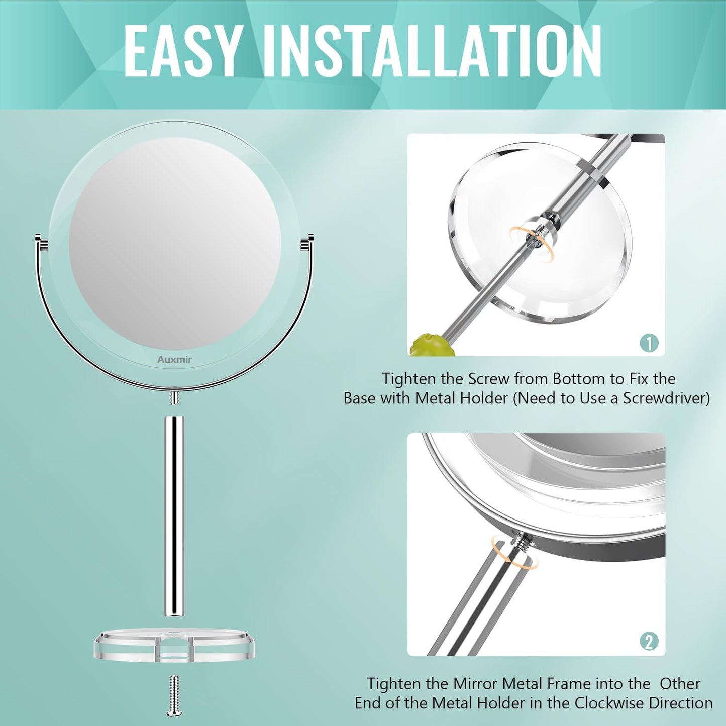 Auxmir 1X/30X Double-Sided Makeup Mirror, 6.7" Magnifying Mirror | 360°Rotation, Vanity Desk Table Stand Travel, Stainless Steel And Abs Construction, Tweezers, 30X Magnification