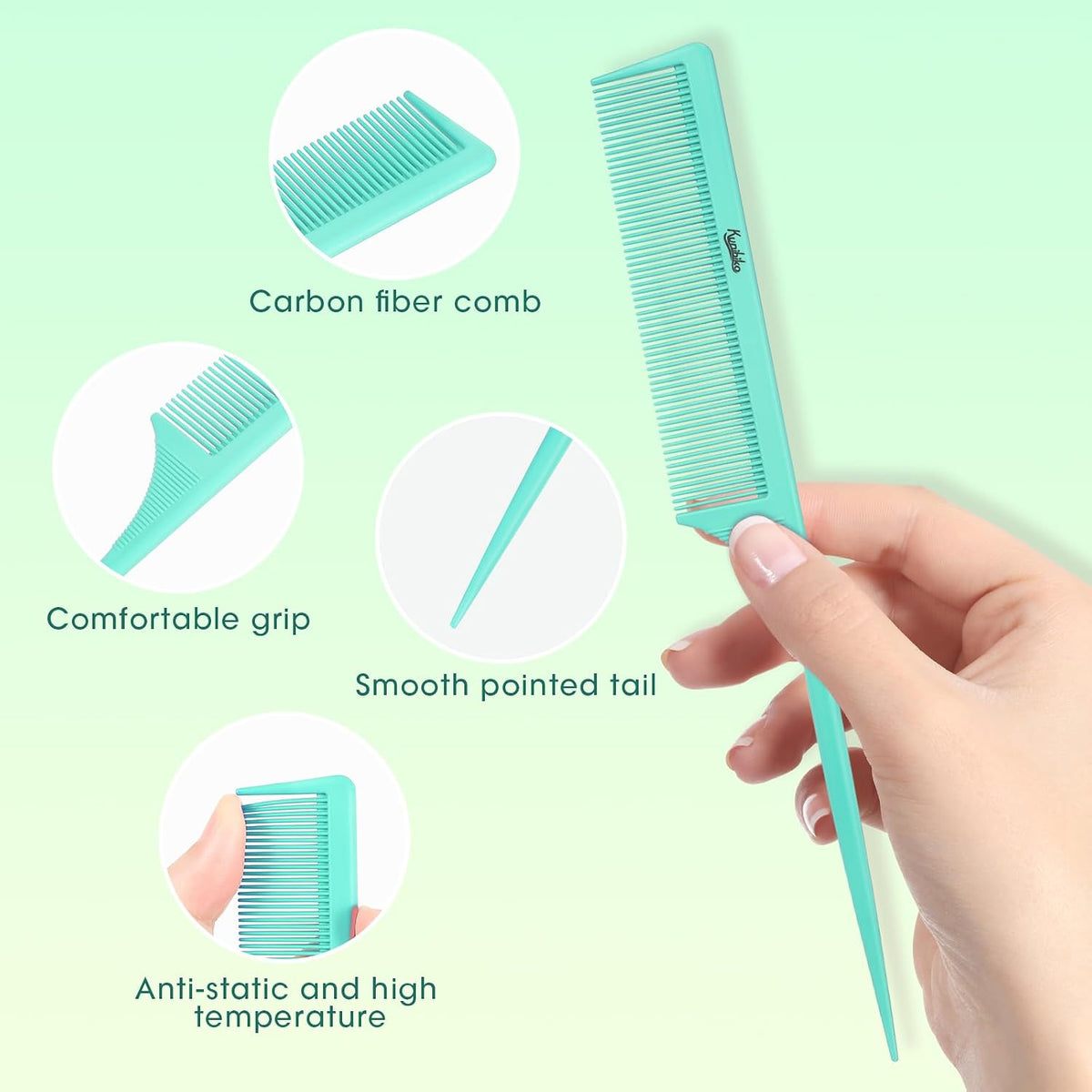 2Pcs Rat Tail Comb Parting Combs for Women, Fine Tooth Parting Tip Carbon Fiber Root Teasing Anti Static Hair Comb for Styling (Green,Black)