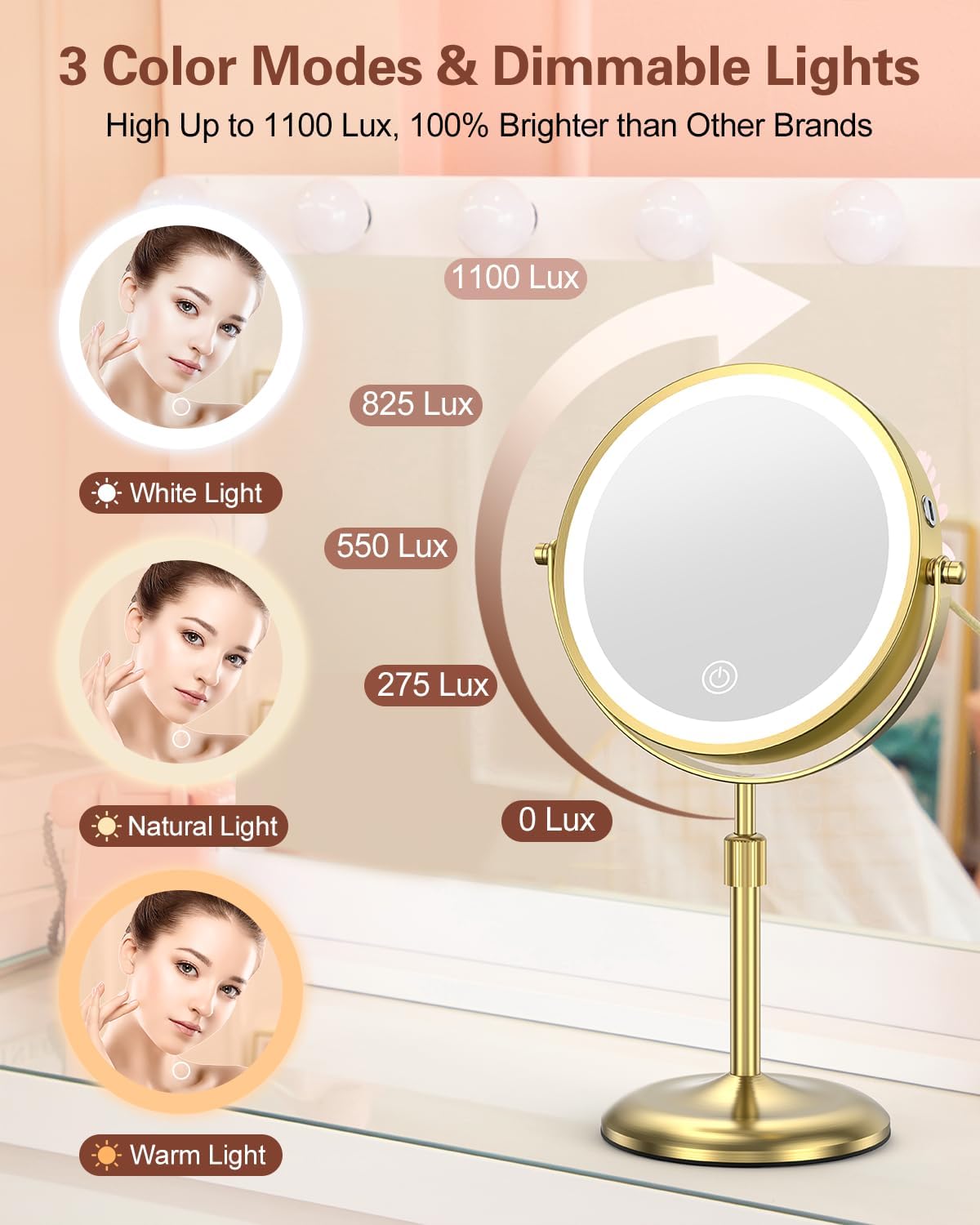 7" Lighted Makeup Mirror with 3 Color Lights & 10X Magnification, Adjustable Brightness & Height, 360° Swivel Rechargeable 10X LED Magnifying Vanity Mirror with Light, Gold