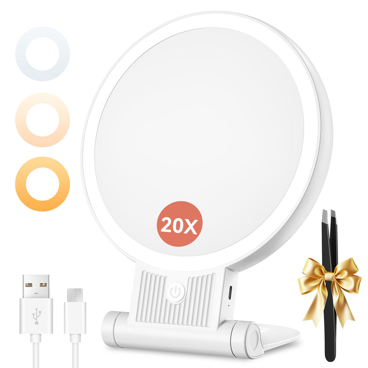 Auxmir 30X/1X Makeup Magnifying Mirror with Light, BM-2403 | double-sided button, adjustable 3 color lights, foldable design, desk mirror for travel women, 2000mAh battery, twezzers