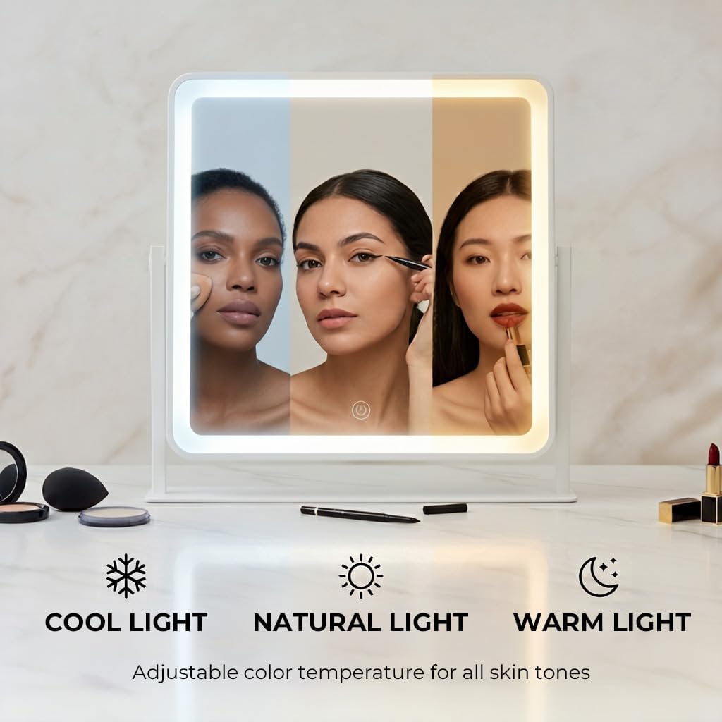 12" x 14" Vanity Mirror with Light, Lighted Makeup Mirror | 3 Color Lighting and Stepless Dimming, Plug-in Required, Memory, Easy Installion, Smart Touch, White