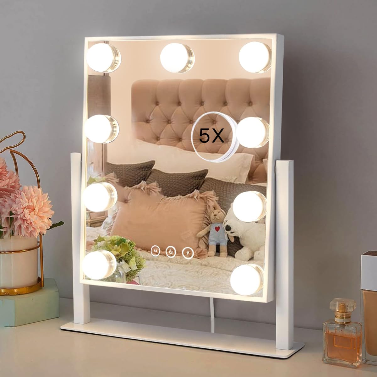 HIEEY Vanity Mirror with Lights, 13.5" x 17.4" Makeup Mirror with Lights, Three Color Lighting Modes, and 5X Magnification Mirror, Smart Touch Control, 360°Rotation (White,Gift Box)