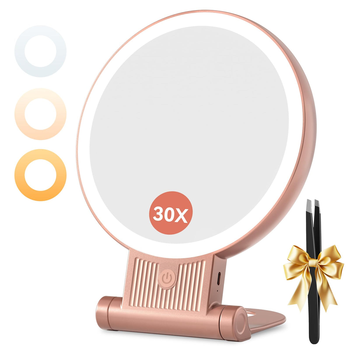 Auxmir 30X/1X Makeup Magnifying Mirror with Light, BM-2403 | double-sided button, adjustable 3 color lights, foldable design, desk mirror for travel women, 2000mAh battery, twezzers