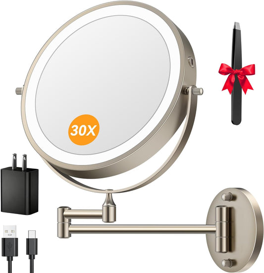Auxmir 9″ 5000mAh 1X/30X Wall Mounted Lighted Magnifying Makeup Mirror | Power Adapter&2 Tweezers Included/ 3 Dimmable Colors/ Dual Sided Button Control/ Rechargeable/ 360° Rotation/ Nickel