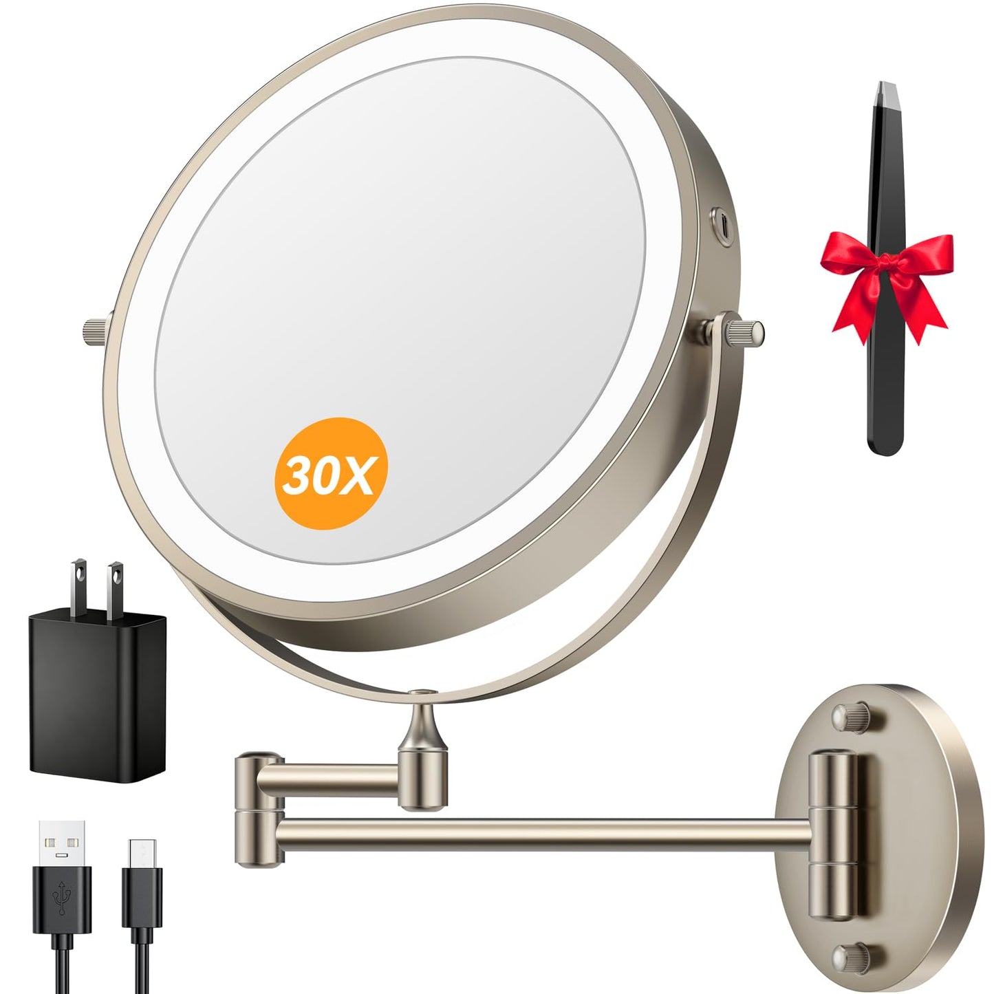 Auxmir 9″ 5000mAh 1X/30X Wall Mounted Lighted Magnifying Makeup Mirror | Power Adapter&2 Tweezers Included/ 3 Dimmable Colors/ Dual Sided Button Control/ Rechargeable/ 360° Rotation/ Nickel