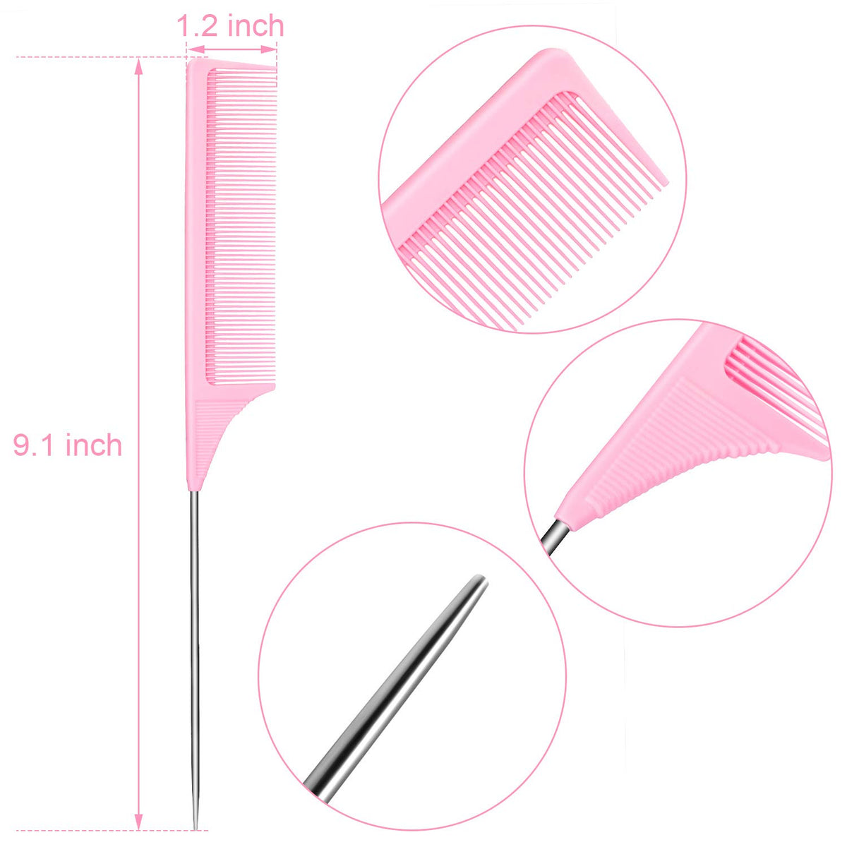 Leinuosen 3 Pack 9 Inch Rat Tail Comb with Metal Pick, Carbon Fiber,Pink | Heat Resistant Styling, Lightweight Sectioning, Fine Tooth for Precise Parting, Teasing Tool for Wigs and Women Haircare