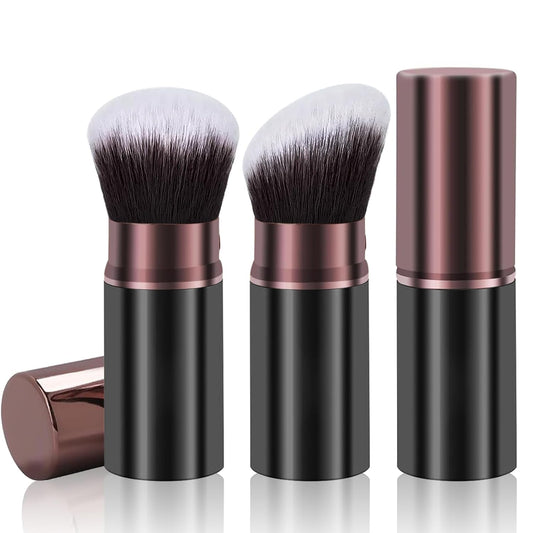 Retractable Kabuki Brushes, 2 Pack Travel Powder Face Makeup Brush Set | Professional Makeup Brushes for Foundation, Blush, Bronzer, Flawless Cosmetics, Cruelty Free with Aluminum Handle, Cover