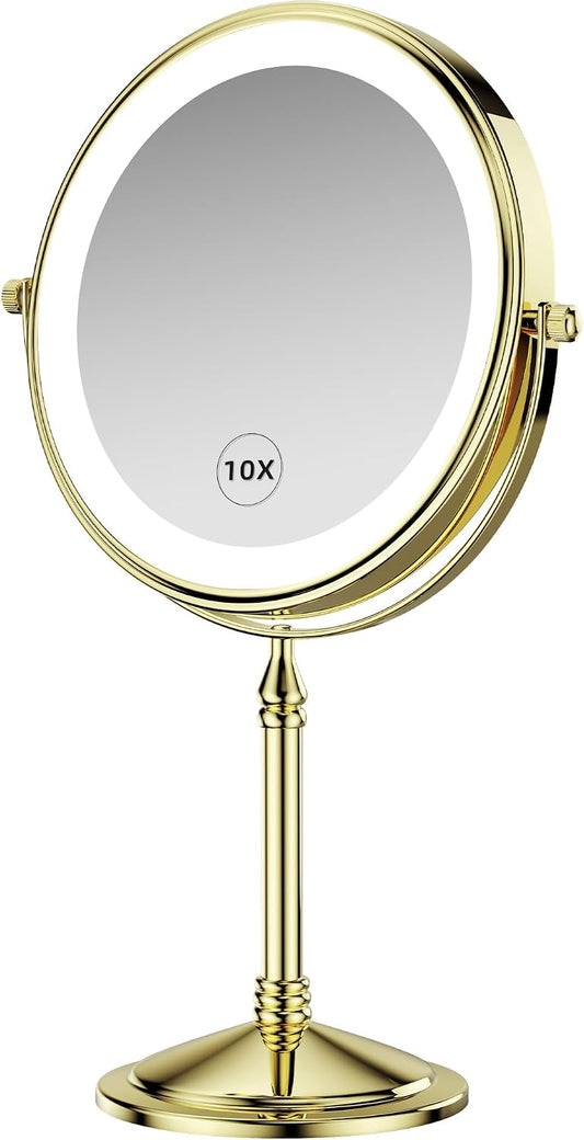 DOWRY 4000 mAh Rechargeable Lighted Makeup Mirror 10x Magnification Vanity Mirror Tabletop Two-Sided Swivel Gifts for Women Wife Mom Teengirls Mothers Day Gold Finish