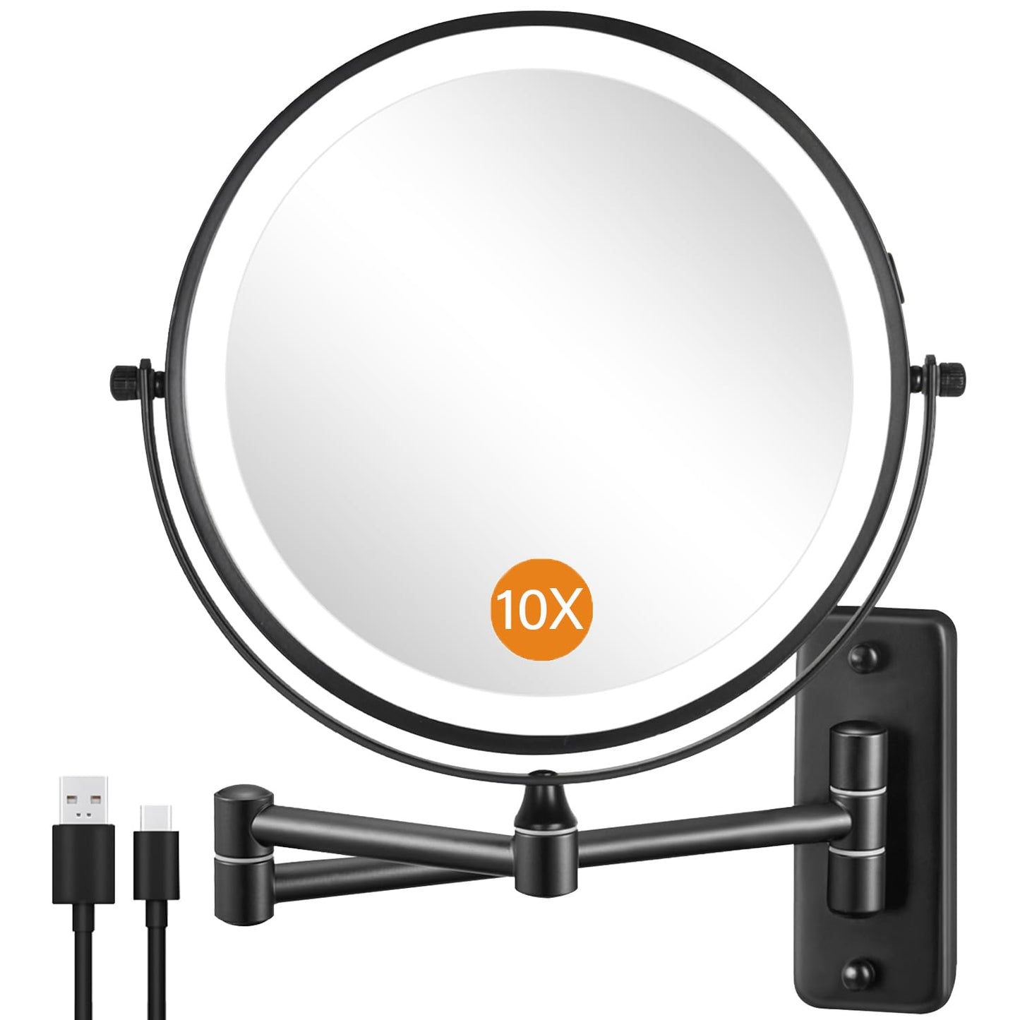 Wall Mounted Makeup Mirror - 1X/10X Magnifying Mirror for Wall, 8 Inch Double Sided 360° Swivel Extendable Bathroom Mirror for Shaving, Black