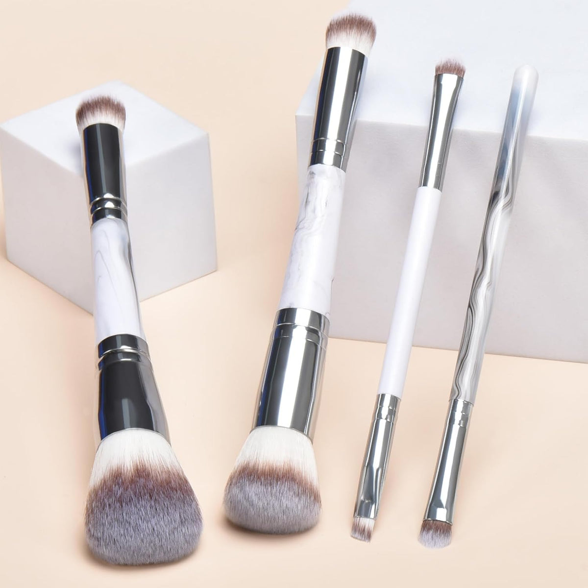 4PCS Gray Dual-Ended Makeup Brushes Set, Professional Powder Blush Concealer Eyeshadow Kabuki Foundation Brush Kit, with Travel Pouch, Soft Vegan Synthetic Bristles