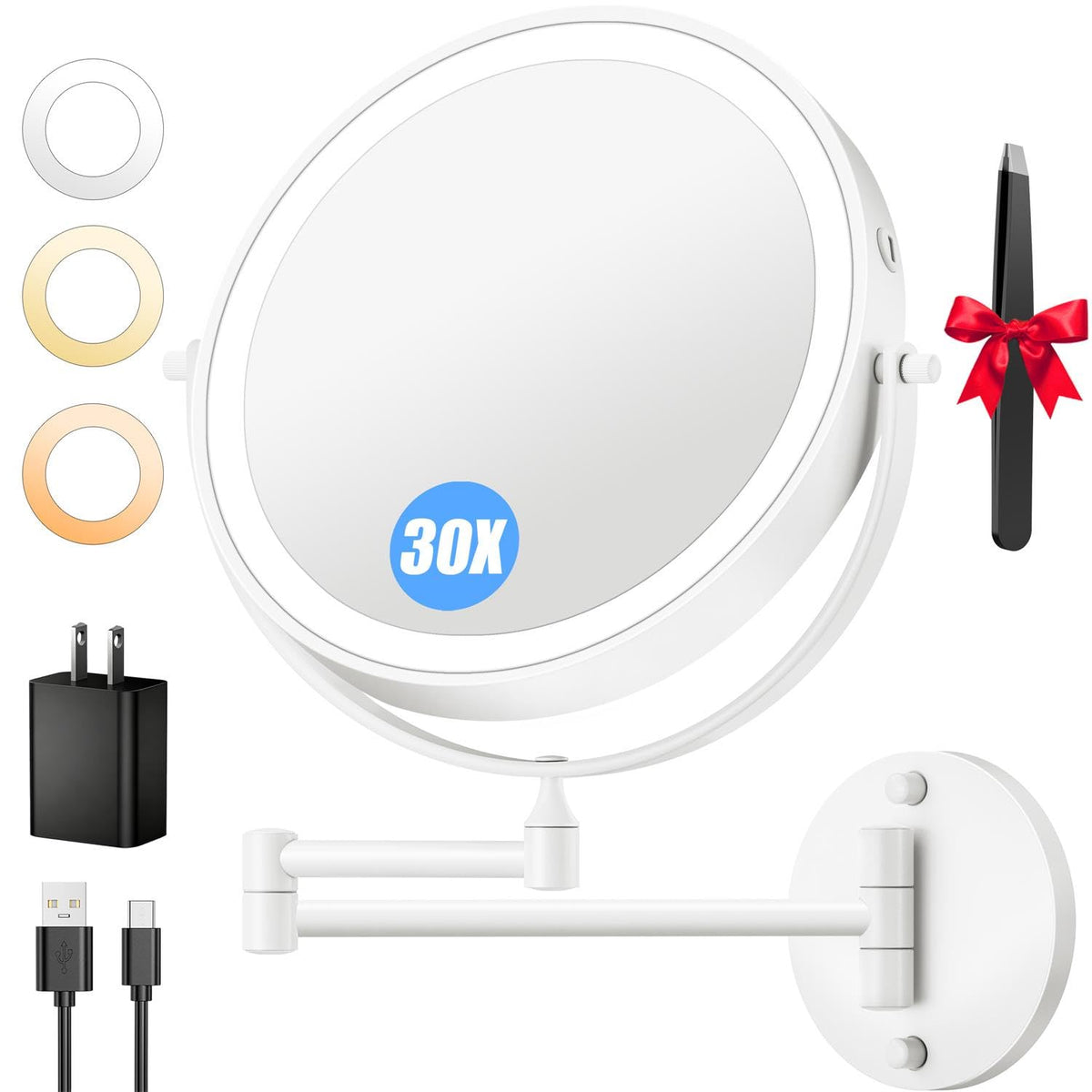Auxmir 9″ 5000mAh 1X/30X Wall Mounted Lighted Magnifying Makeup Mirror | Power Adapter&2 Tweezers Included/ 3 Dimmable Colors/ Dual Sided Button Control/ Rechargeable/ 360° Rotation/ Nickel