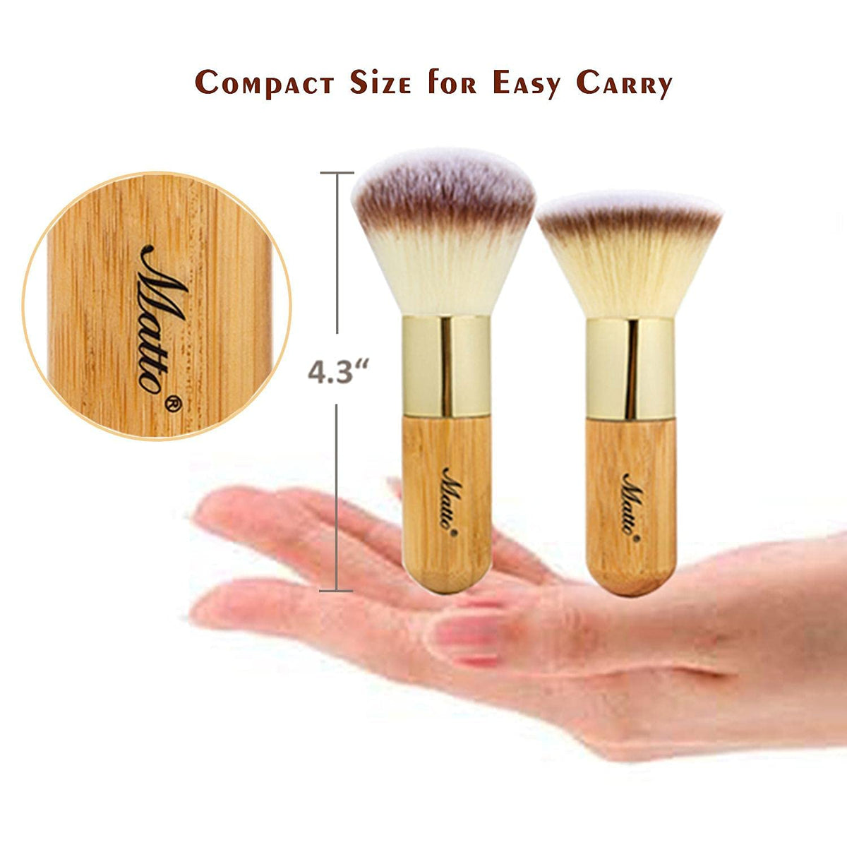 2-Piece Short Makeup Brush Set with Powder and Foundation Brushes | Short bamboo handle makeup brushes for travel. Powder brush for loose or pressed powder. Foundation brush for liquid, cream