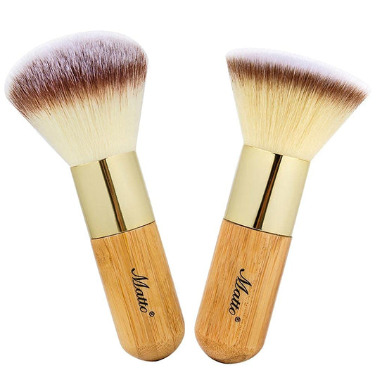 2-Piece Short Makeup Brush Set with Powder and Foundation Brushes | Short bamboo handle makeup brushes for travel. Powder brush for loose or pressed powder. Foundation brush for liquid, cream