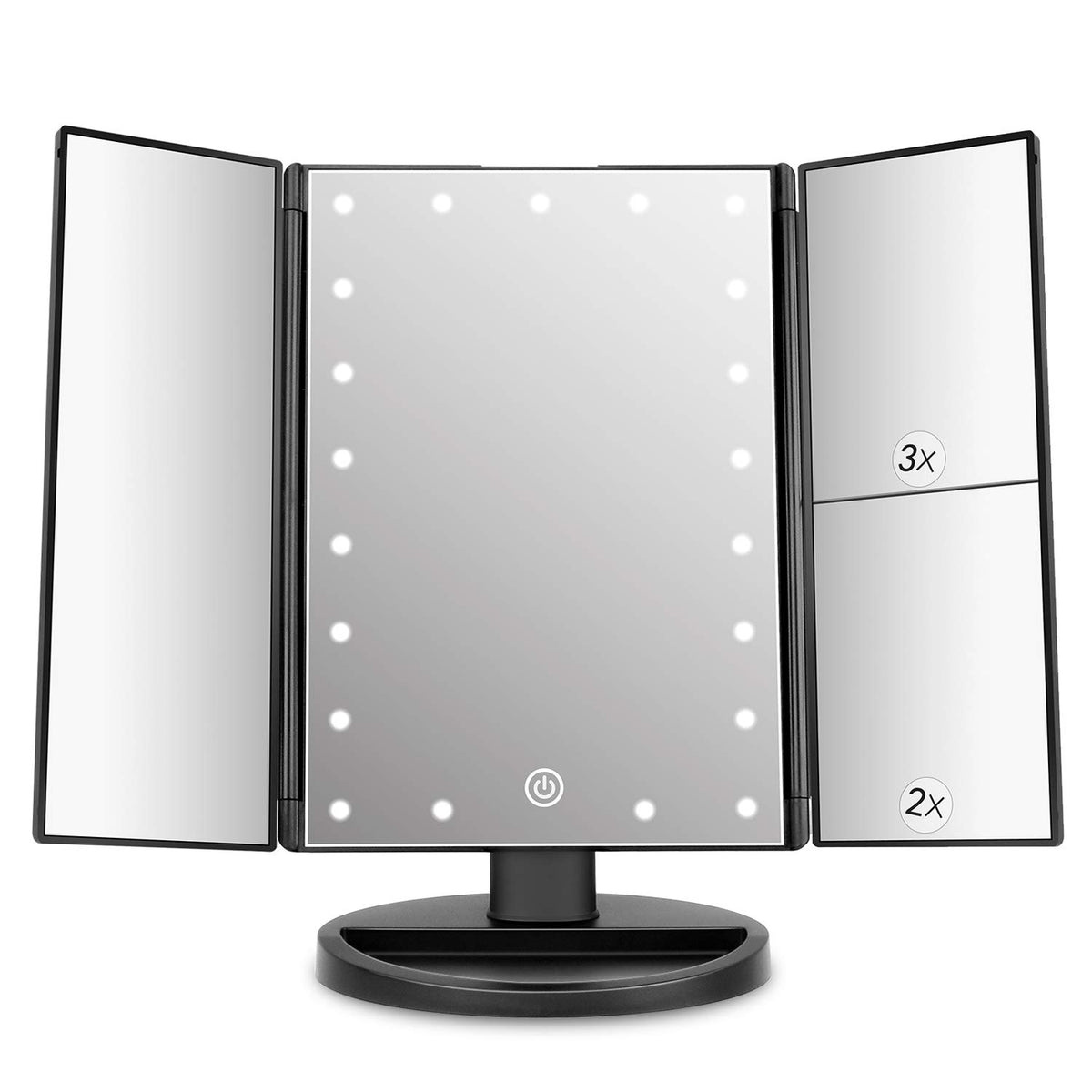 Dresser Mount Tri-Fold Lighted Vanity Mirror with 21 LED Lights, Touch Screen and 3X/2X/1X Magnification, Two Power Supply Modes Make Up Mirror,Travel Mirror