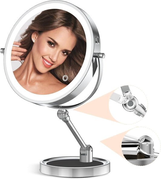 Tabletop Makeup Mirror with Built-in Vanity Tray, 9" Rechargeable 4000mAh Lighted Vanity Mirror 1X/10X Magnification, Height-Adjustable Arm, 3 Color Dimmable (9Inch Chrome)
