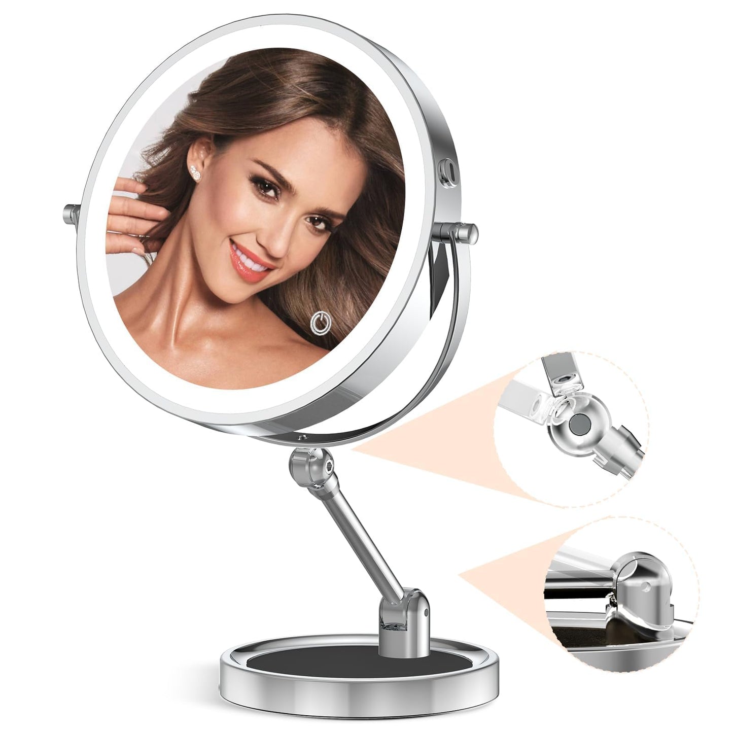 Tabletop Makeup Mirror with Built-in Vanity Tray, 9" Rechargeable 4000mAh Lighted Vanity Mirror 1X/10X Magnification, Height-Adjustable Arm, 3 Color Dimmable (9Inch Chrome)