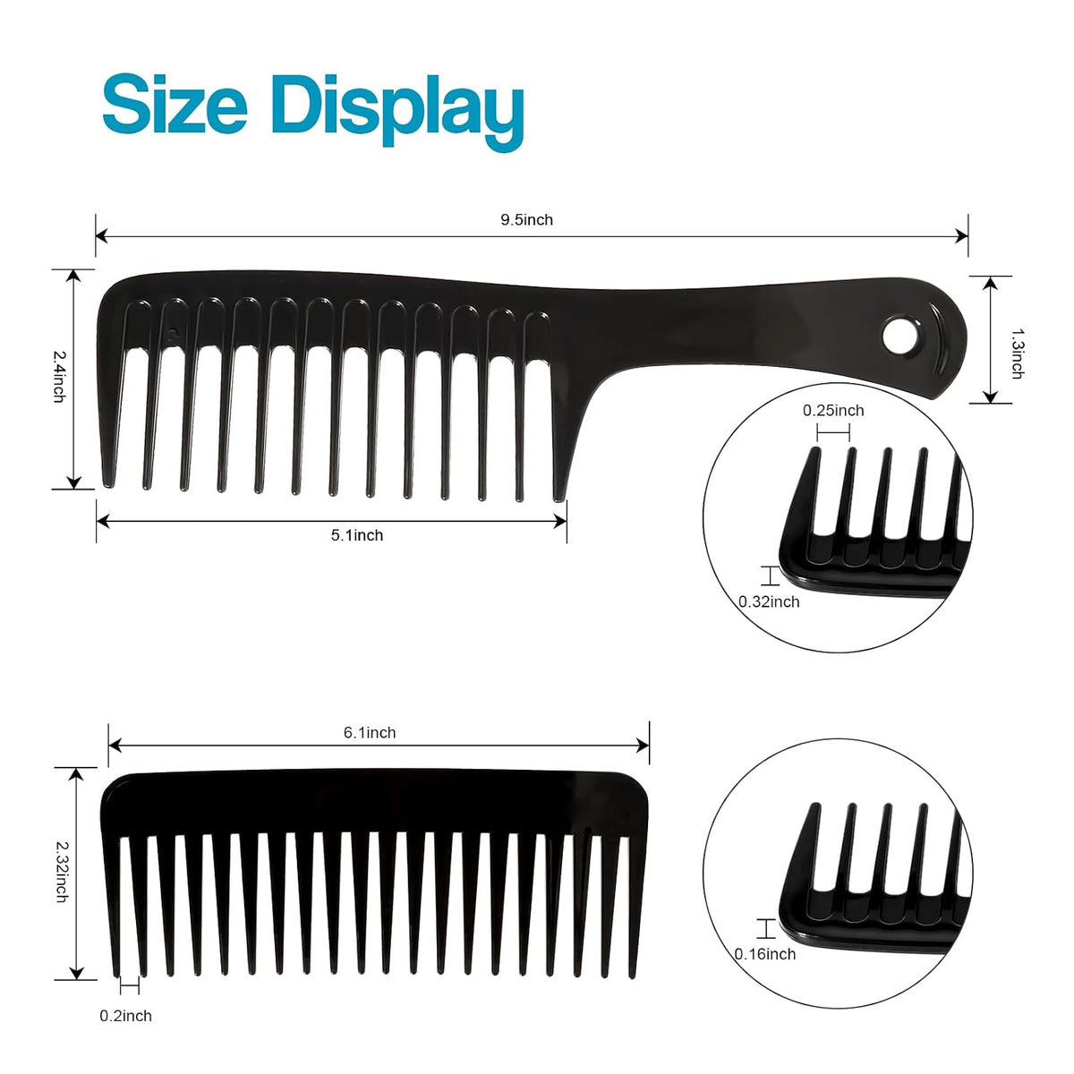 2PCS Wide Tooth Comb for Curly Hair, Large Detangling Comb for Wet or Dry Hair, Shower Comb for Women and Men(Black-Pink)