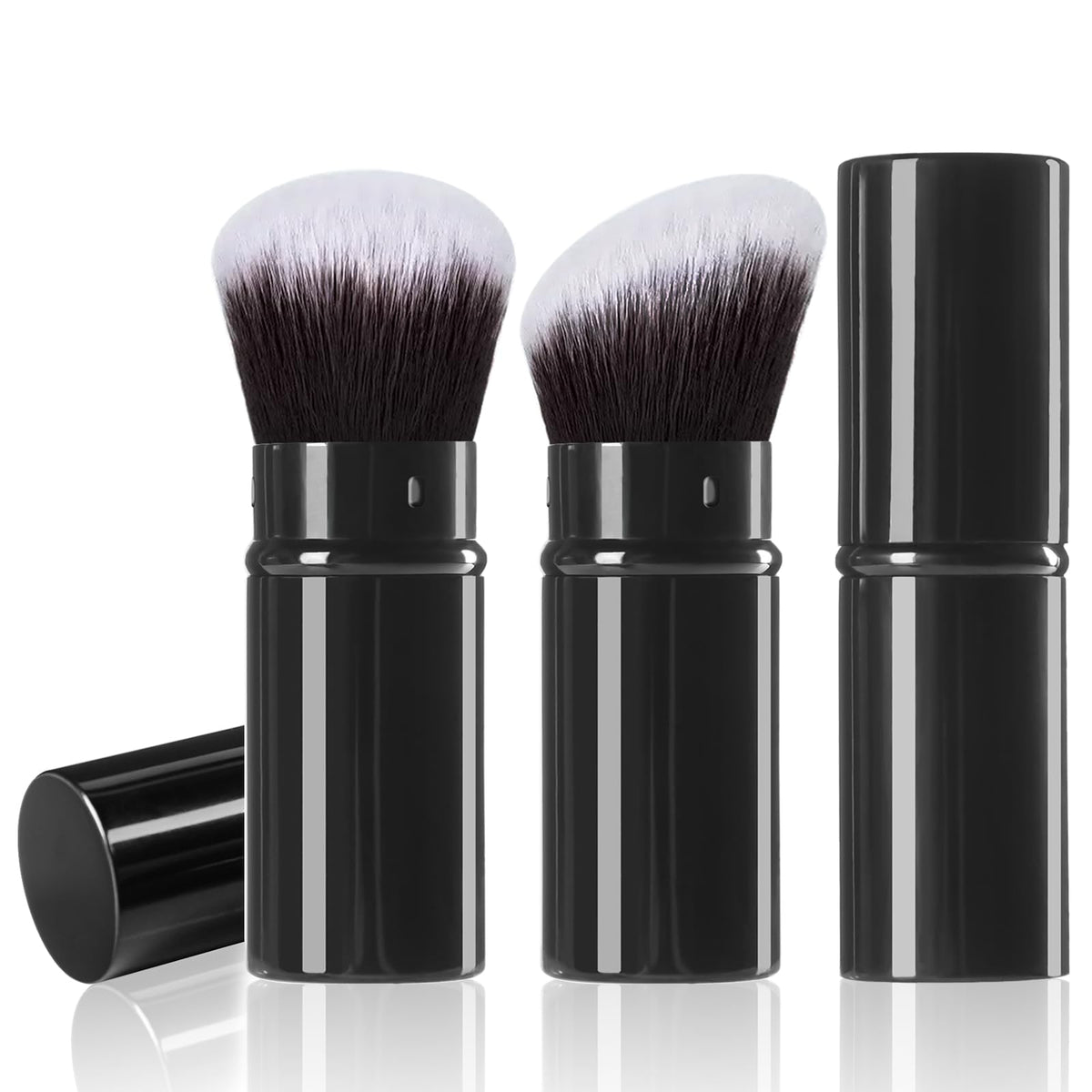 Retractable Kabuki Brushes, 2 Pack Travel Powder Face Makeup Brush Set | Professional Makeup Brushes for Foundation, Blush, Bronzer, Flawless Cosmetics, Cruelty Free with Aluminum Handle, Cover