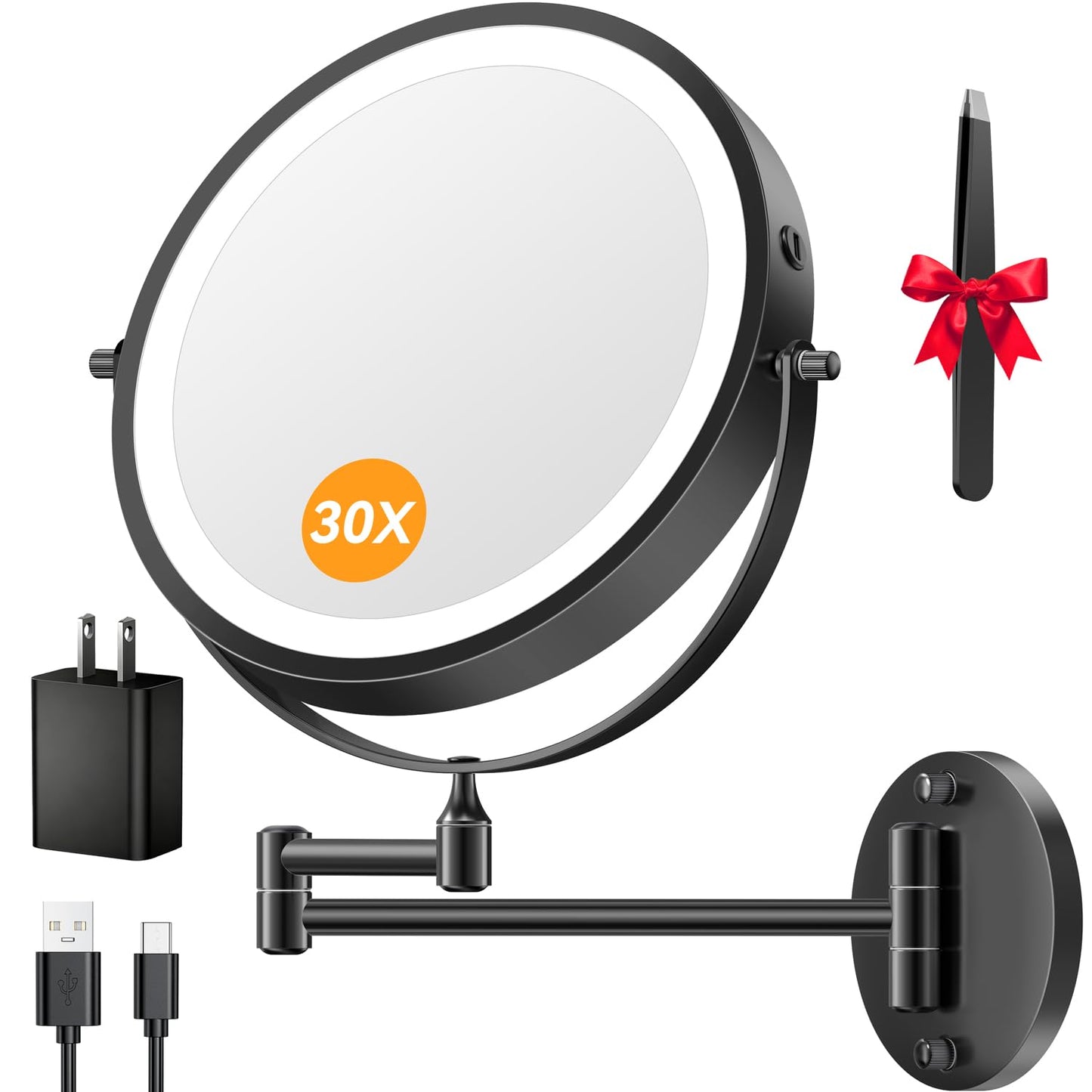 Auxmir 9″ 5000mAh 1X/30X Wall Mounted Lighted Magnifying Makeup Mirror | Power Adapter&2 Tweezers Included/ 3 Dimmable Colors/ Dual Sided Button Control/ Rechargeable/ 360° Rotation/ Nickel