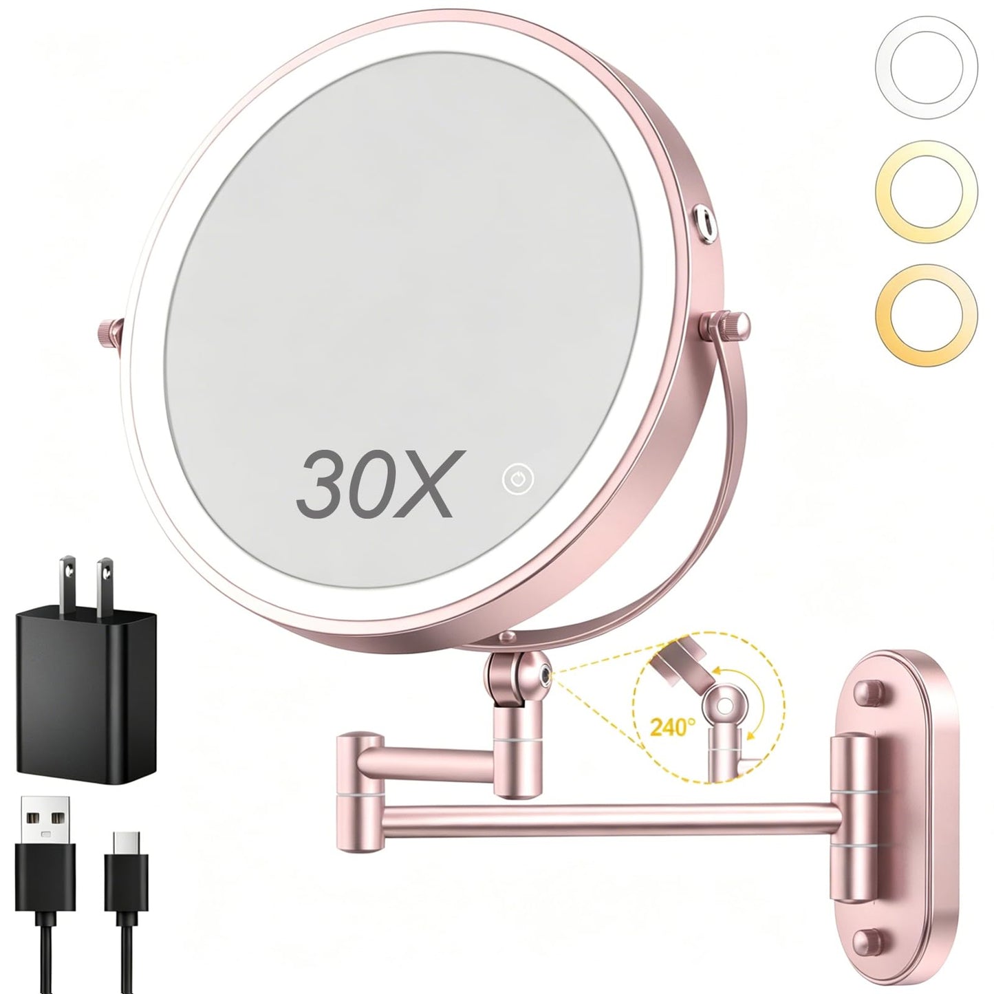 ZLOKLA 9" Wall Mounted Lighted Makeup Mirror,4000mAh Rechargeable Double Sided 1X/30X Magnifying Mirror with Light,Touch Dimmable,Extended Arm 360 Rotation Wall Mounted Makeup Mirror 3 Color Lights-N