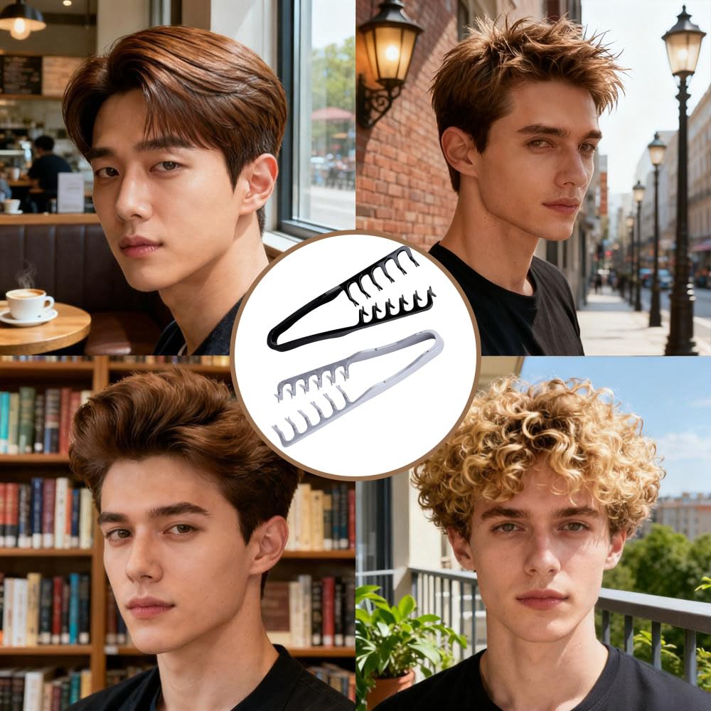 2 Packs Texture Comb - Wide & Fine-Tooth Volumizing Hair Styling Tool, Anti-Frizz Fluffy Hairbrush for Men & Women, Suitable for All Hair Types (Black + Gray)