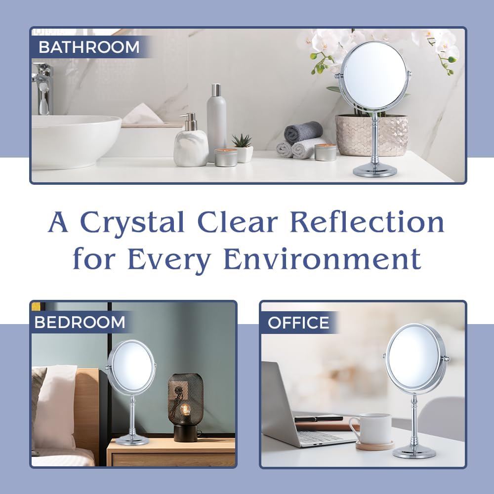 Large Double Sided 10X/1X Makeup Mirror, 15" x 8" (Chrome) | Dual sided Magnifying Mirror on Stand for Bedroom Vanity & Bathroom Use - Classic Free Standing Table Mirror for Skincare