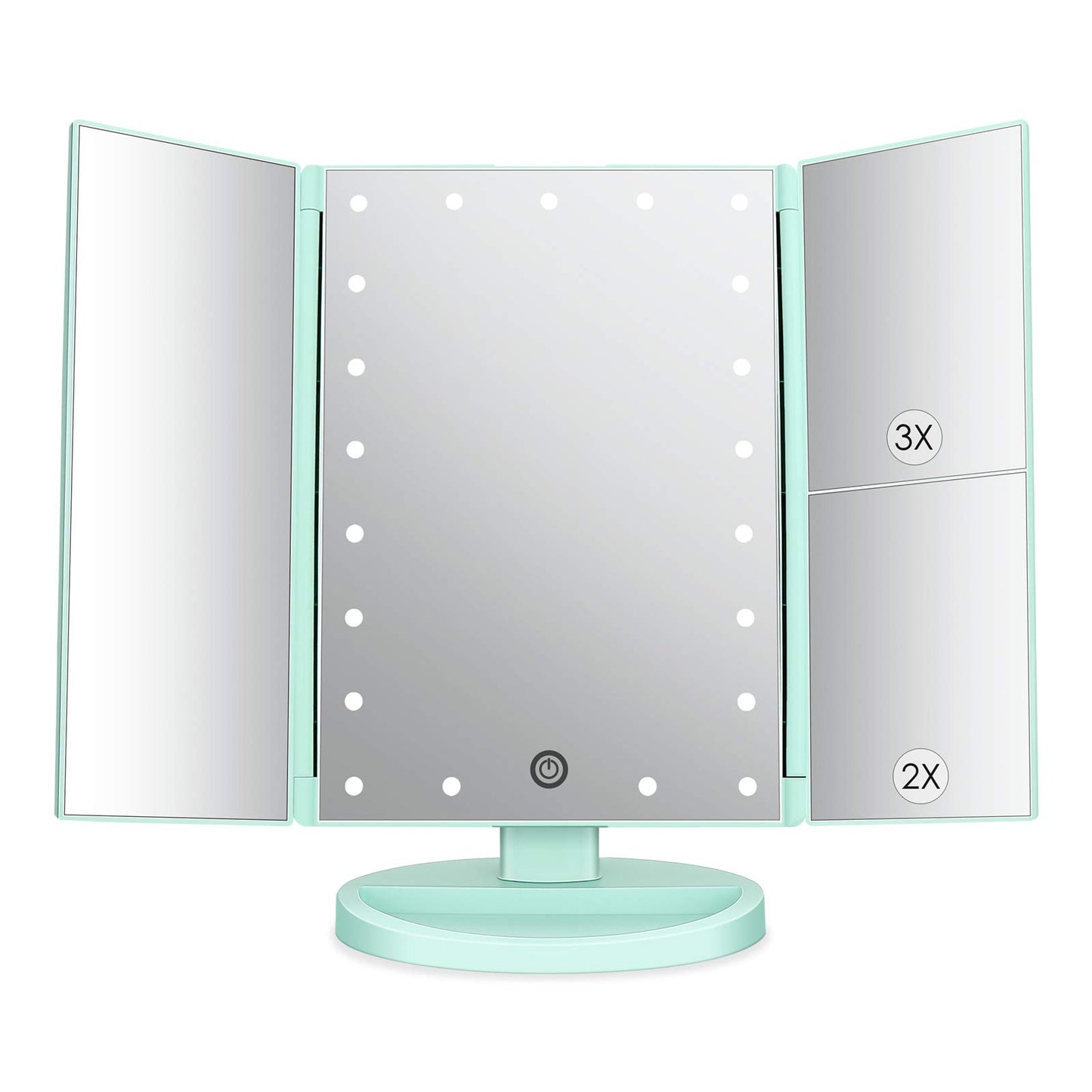 Floor Mount Tri-Fold Lighted Vanity Mirror with 21 LED Lights, Touch Screen and 3X/2X/1X Magnification, Two Power Supply Modes Make Up Mirror,Travel Mirror